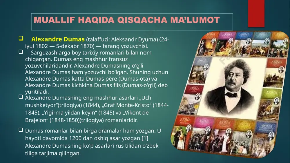 nlashtirilgan. „graf monte-kristo“, „uch mushketyor“ romanlari oʻzbek tilida nashr etilgan. „nel minorasi“ pyesasi „ajal minorasi“ nomi bilan oʻzbek tilida sahnalashtirilgan (1972). muallifning ijodiy metodi kasb: yozuvchi va dramaturg yo’nalish: nasr va drama janr: romantizm , tarixiy asarlar, tarixiy –sarguzasht, sarguzasht asarning tematik tasnifi ijtimoiy-psixologik asar janri tarixiy roman sarguzasht roman asar mavzusi hayot va umid uchun kurash sevgi va nafrat ezgulikka intilish sadoqat va xiyonat asar sarlavhasi graf monte kristo , if qal’asining mahbusi nomlanishga olib kelgan omillar: o’sha vaqtdagi fransiya hukumatining tahliklali va oxirni kuzlamaydigan boshqaruv tizimi; siyosiy tanqidlari tufayli bir necha yutlar kezishi tufayli bu orol va undagi monastir unda juda ajoyib taassurot qoldiradi va asrini wu joy nomlari bilan bog’laydi marsellik bir oddiy dengizchi tarixini tarixi boy if qalasi bilan boglaydi va o’ch olish g’oyasi bilan birga ezgulikka intilish g’oyasi ham ilgari suriladi. asar qahramonlari edmond dantes – asarning va dyumaning asosiy qahramoni, marsellik dengizchi. dantes – …