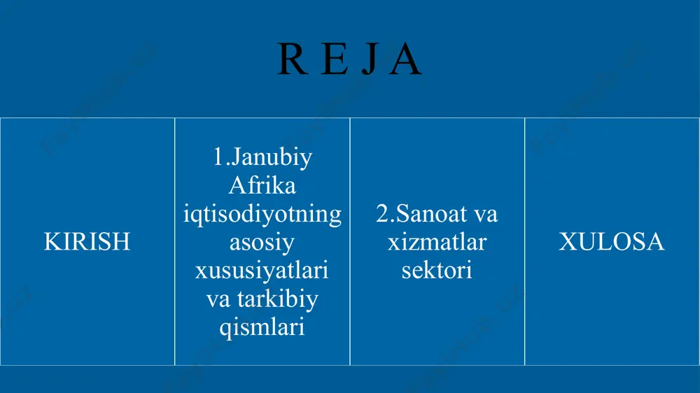 iy afrika dunyodagi eng yirik oltin va platina ishlab chiqaruvchilaridan biridir. xizmatlar sektori: xizmatlar sektori yaimning taxminan 60% ni tashkil etadi va turizm, moliya va savdo kabi sohalarni o'z ichiga oladi. 9 obrazets zagolovka ‹#› 9 tashqi savdo: 2023-yilda janubiy afrika eksporti 90 milliard dollar, importi esa 100 milliard dollar atrofida bo'ldi. mamlakatning asosiy eksport mahsulotlari metall, qishloq xo'jalik mahsulotlari va mineral resurslardir. qishloq xo'jaligi: qishloq xo'jaligi sektori yaimning taxminan 2-3% ni tashkil etadi. 2023-yilda qishloq xo'jaligi mahsulotlari eksporti 10 milliard dollarni tashkil etdi. xulosa janubiy afrika iqtisodiyoti ko'p tarmoqli bo'lib, sanoat, qishloq xo'jaligi va xizmatlar sektori o'rtasida muvozanatni saqlaydi. sanoat sektori, ayniqsa, metallurgiya va avtomobil ishlab chiqarish sohalarida kuchli, qishloq xo'jaligi esa oziq-ovqat va qishloq xo'jalik mahsulotlari eksportida muhim rol o'ynaydi. umuman olganda, janubiy afrika iqtisodiyoti o'zining boy resurslari va ko'p tarmoqliligi bilan ajralib turadi, ammo ijtimoiy va iqtisodiy muammolarni hal qilish uchun ko'p ishlar qilish zarur. iqtisodiy barqarorlik …