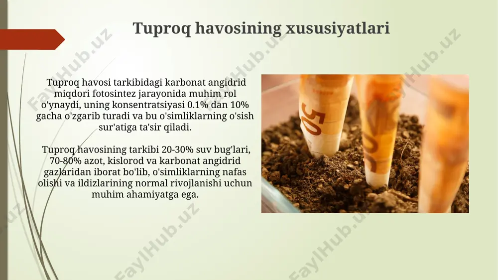 tirilish darajasi pasayadi. temir (fe), marganes (mn), sink (zn) kabi mikroelementlarning optimal miqdori o'simliklarning fotosintez jarayonlarini yaxshilaydi va o'sishini tezlashtiradi. tuproq havosining tarkibi tuproq havosining tarkibi taxminan 20-30% suv bug'lari, 0,1-3% karbonat angidrid va qolgan qismi asosan azot, kislorod va boshqa inert gazlardan iborat bo'ladi. tuproq havosi tarkibidagi kislorod miqdori o'simliklarning ildizlarining nafas olishi va organik moddalarning parchalanishi jarayonlariga bevosita ta'sir ko'rsatadi, odatda 10-20% oralig'ida bo'ladi. tuproq havosining namligi tuproq havosining namligi, o'rtacha 10-30% oralig'ida o'zgarib turadi, bu esa tuproqning aeratsiyasi va mikroorganizmlar faoliyatiga bevosita ta'sir ko'rsatadi. tuproq havosi namligini aniqlashda tensiometr yoki psixrometrik usullar qo'llaniladi, bu usullar tuproqning suv potensialini o'lchashga imkon beradi, odatda -10 kpa dan +10 kpa gacha bo'ladi. tuproq havosining gaz almashinuvi tuproq havosi tarkibidagi karbonat angidrid gazining konsentratsiyasi, atmosfera havosidan 10-100 baravar yuqori bo'lishi mumkin, bu esa mikroorganizmlar faoliyatiga ta'sir ko'rsatadi. tuproq havosidagi kislorod miqdori 10-20% oralig'ida o'zgarib turadi va bu o'simliklarning ildiz tizimining nafas …