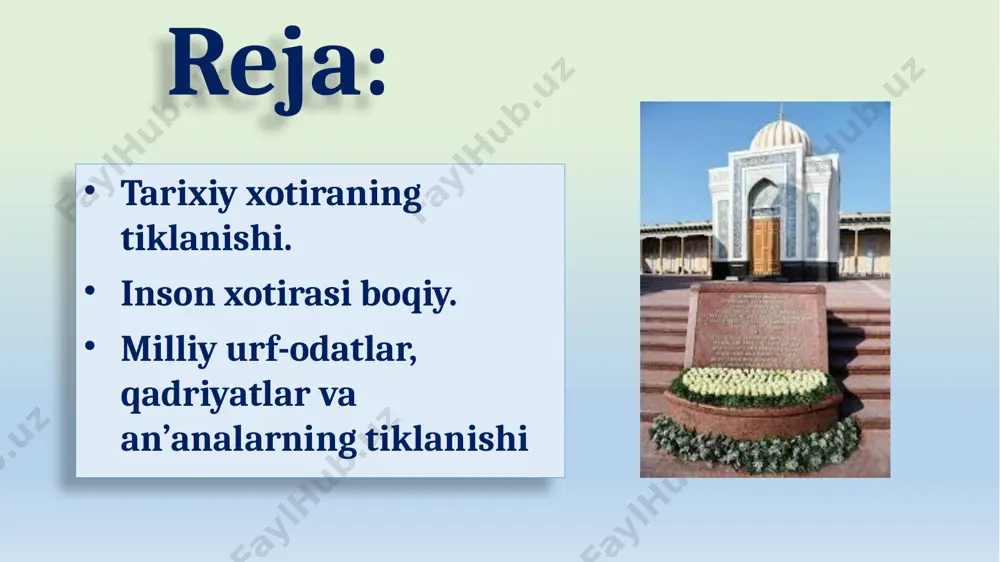 910-yilligi, 2003-yili naqshbandiya tariqatining asoschisi abduxoliq g‘ijduvoniy tavalludining 900 yilligi 2004-yilda esa xoja ahror valiyning 600 yilligi va boshqa allomalarning yubileylari nishonlandi. xoja ahror valiy prezident shavkat mirziyoyevning qaroriga ko’ra el-u yurtga mehnati singgan insonlarning hurmatini joyiga qo‘yish maqsadida toshkent va samarqandda islom karimov (2018-yil qarshida), namangan viloyatida is’hoqxon ibrat, xorazm viloyatida komiljon otaniyozov, qoraqalpog‘istonda ibroyim yusupov, farg‘onada erkin vohidov, qashqadaryoda abdulla oripov, andijonda muhammad yusuf xotiralarini abadiylashtirish bo‘yicha yirik tadbirlar o‘tkazildi. ularning nomi bilan ataladigan markazlar, ijodiy maktablar tashkil etildi. jizzax shahrida hamid olimjon va zulfiya xotirasiga bag‘ishlab barpo etilgan yodgorlik majmuasi ochildi inson xotirasi boqiy. respublika rahbarligiga islom karimov kelgach, sharof rashidov shaxsiga barcha tuhmat va ta’qiblarni to‘xtadi. uning pok nomi oqlandi. 1992-yil sharof rashidov tavalludining 75 yilligi keng nishonlandi. 2016- yil shavkat mirziyoyev tashabbusi bilan jizzax tumaniga sharof rashidov nomi berildi. sh.mirziyoyev2017-yil 27-martdagi «atoqli davlat arbobi va yozuvchi sharof rashidov tavalludining 100 yilligini nishonlash to‘g‘risida»gi qarori asosida …