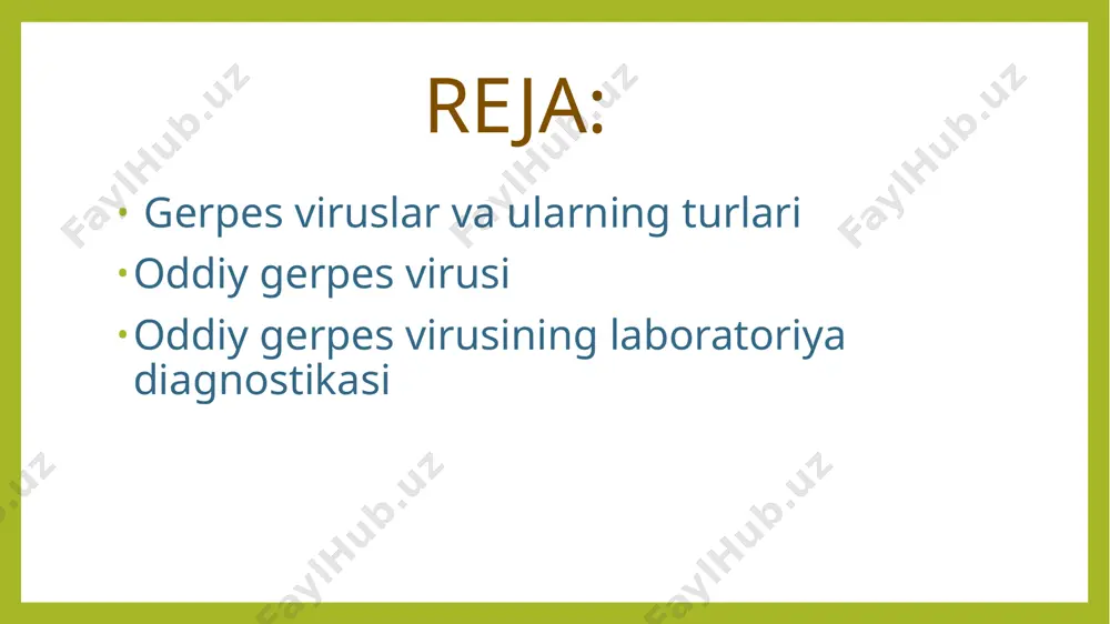 nm, murakkab tuzilishga ega. virus genomi ikki ipli dnk dan iborat bo‘lib, molekulyar massasi 80–150 md. virus genomida 80 ga yaqin genlar mavjud. dnk tashqaridan kapsid va superkapsid qavatlari bilan qoplangan. kapsid 162 ta kapsomerdan iborat. superkapsid esa ikkita lipid membranadan tashkil topgan bo‘lib, tashqarisida tikansimon o‘simtalar glikoproteidlari bor. virion tarkibida 30 xil oqsil bor. bundan tashqari, zararlangan hujayrada virus tuzilmalarga kirmaydigan 20 xil oqsil sintez qilinadi (slayda). ko’paytirilishi ko‘paytirish. gerpes viruslari tovuq embrionining xorion-allantois qobig‘ida ko‘paytiriladi. ular odam embrionining o‘pka, buyrak hujayra kulturalarida yaxshi ko‘payadi. hujayralarga patogen ta’sir etib, ularda kiritmalar va simplastlar hosil qiladi. gerpes viruslari moyil hujayraga retseptorli endotsitoz yo‘li bilan kiradi. zararlangan hujayra yadrosida virusga xos kristall holga aylanuvchi kapsidlardan iborat eozinofil kiritmalar paydo bo‘ladi. antigenlari antigenlari. virus bir necha antigenlarga ega, bular ichki oqsillar va glikoproteidlarga bog‘liq. asosiy immunogenlik xususiyatiga ega bo‘lgan gb, gc va gd glikoproteidlar tipga xos, ichki nukleokapsid tarkibidagi oqsillar esa guruhga …