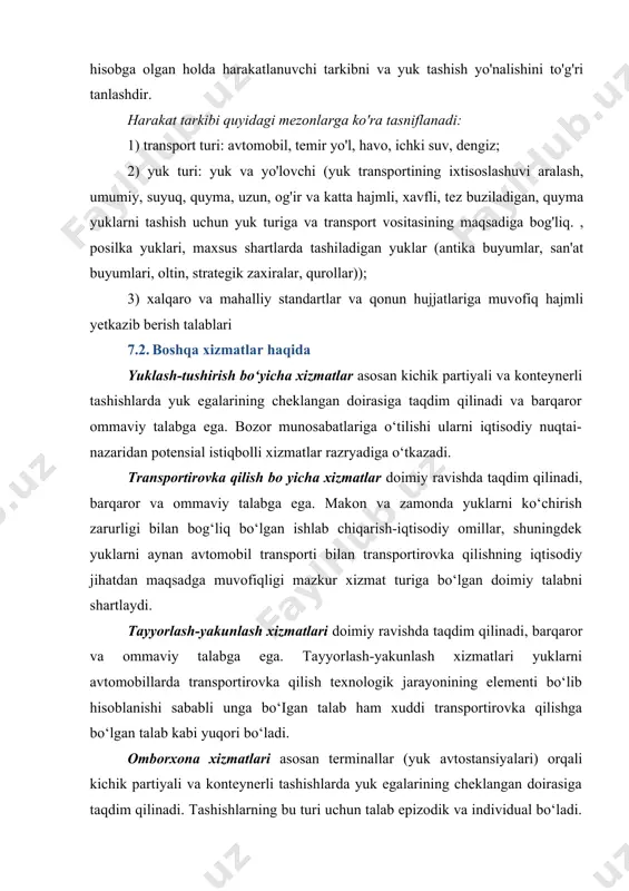 hlarda yuk egalarining cheklangan doirasiga taqdim qilinadi va barqaror ommaviy talabga ega. bozor munosabatlariga o‘tilishi ularni iqtisodiy nuqtai- nazaridan potensial istiqbolli xizmatlar razryadiga o‘tkazadi. transportirovka qilish bo yicha xizmatlar doimiy ravishda taqdim qilinadi, barqaror va ommaviy talabga ega. makon va zamonda yuklarni ko‘chirish zarurligi bilan bog‘liq bo‘lgan ishlab chiqarish-iqtisodiy omillar, shuningdek yuklarni aynan avtomobil transporti bilan transportirovka qilishning iqtisodiy jihatdan maqsadga muvofiqligi mazkur xizmat turiga bo‘lgan doimiy talabni shartlaydi. tayyorlash-yakunlash xizmatlari doimiy ravishda taqdim qilinadi, barqaror va ommaviy talabga ega. tayyorlash-yakunlash xizmatlari yuklarni avtomobillarda transportirovka qilish texnologik jarayonining elementi bo‘lib hisoblanishi sababli unga bo‘igan talab ham xuddi transportirovka qilishga bo‘lgan talab kabi yuqori bo‘ladi. omborxona xizmatlari asosan terminallar (yuk avtostansiyalari) orqali kichik partiyali va konteynerli tashishlarda yuk egalarining cheklangan doirasiga taqdim qilinadi. tashishlarning bu turi uchun talab epizodik va individual bo‘ladi. mazkur xizmat turini taqdim qilishning cheklanganligi avtomobillarda tashishlarning hozirda amal qilayotgan tashkil qilinishi va avtotransport tashkilotlarida mazkur xizmat turini …