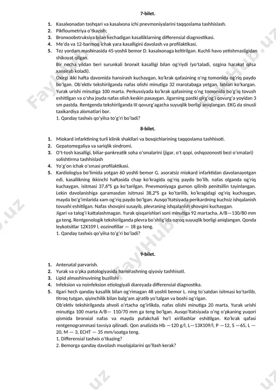 lg‘am ajrala boshlagan. bevosita tekshirish natijasida quyidagi ma’lumotlar aniqlangan. bemorning umumiy ahvoli og‘ir, nafas olish 28 ta gacha (1 daqiqada) ortgan. bronxial nafas va o‘ng kurak osti sohasida mayda pufakchali ho‘l xirillash eshitilgan. kasalxonada penitsillin bilan (sutkasiga 3 000 000 tb miqdorida) jadal davolashga qaramasdan bemorning ahvoli o‘zgarishsiz qolgan, hansirash va umumiy zaharlanish belgilari yo‘qolmagan. balg‘am tarkibidan ko‘plab tillasimon stafilokokklar topilgan. o‘pka rentgenoskopiyasi natijalari: ikkala o‘pkada ko‘plab mayda (infiltrat) to‘kima soyalari ko‘ringan. o‘pkaning uchida va pastki qismida yemirilish tufayli hosil bo‘lgan bo‘shliqlar aniqlangan. bemorda sil kasalligi bor deb taxmin kilinib, davolash choralari buyurilgan. 1. qanday tashxis qo‘yilsa to‘g‘ri bo‘ladi? 2. davolash taktikangiz? 5-bilet. 1. gepatomegaliya va sariqlik sindromi. 2. sariqliklarni erta diagnostikasi. uash taktikasi. 3. surunkali aktiv va noaktiv gepatit. 4. postxolesistektomik sindromda va me’da operatsiyasidan keyingi holatlarni davolash va profilaktikasi. 5. 45 yoshli l. ismli bemor «o‘tkir pnevmoniya» va «surunkali pnevmoniya» ning qaytalanishi tashxislari bilan ikki marta kasalxonada davolangan. …