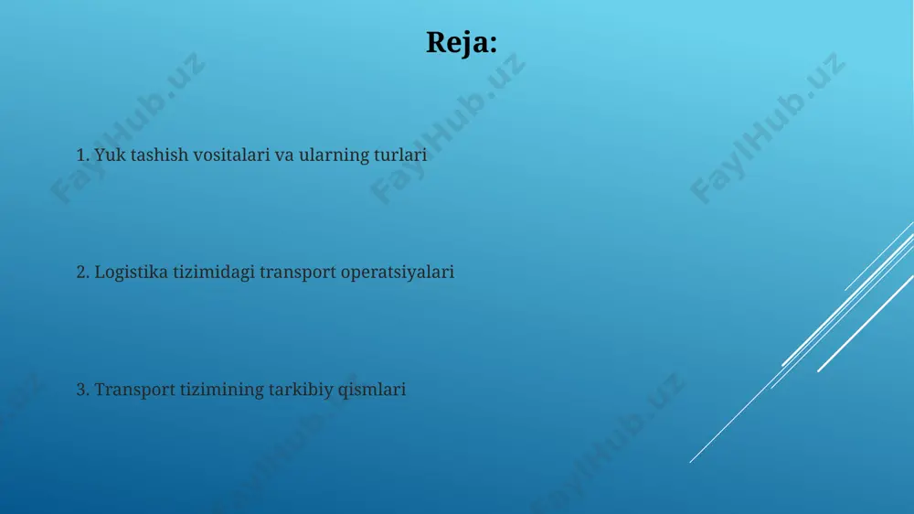 ida ta'minlaydi, bu esa yetkazib berish vaqti aniqligiga 15% gacha yaxshilash imkonini beradi. elektr va vodorodli transport vositalarining joriy etilishi karbon emissiyasini 40% gacha kamaytirishi va ekologik toza logistika tizimini shakllantirishga yordam beradi. yuklarni optimallashtirish va joylashtirish o’rtacha 5-7% yuk tashish vaqti tejalishi yuklarni to’g’ri joylashtirish va turli transport vositalaridan samarali foydalanish hisobiga ta’minlanadi. katta hajmdagi yuklar uchun 10-15% gacha bo’sh joyni kamaytirishga yordam beradigan maxsus konteynerlardan va yuk tashish usullaridan foydalanish samaradorlikni oshiradi. yetkazib berish va qabul qilish jarayonlari yetkazib berish va qabul qilish hujjatlarining to'liqligi va aniqligi 95% dan kam bo'lsa, logistika tizimida xatoliklar va moliyaviy yo'qotishlarga olib kelishi mumkin. qabul qilish jarayonida 10% dan ortiq mahsulotlar shikastlangan yoki sifatsizligi aniqlanadi, bu esa yetkazib beruvchilarning javobgarligini aniqlashni talab qiladi va kafolat muddatini nazarda tutadi. yuk tashish vositalari turlari dengiz transportida 5000 dan ortiq teu sig‘imiga ega konteyner kemalari, yuk tashish hajmi 100 000 dwt dan yuqori bo‘lgan bulkerlar …