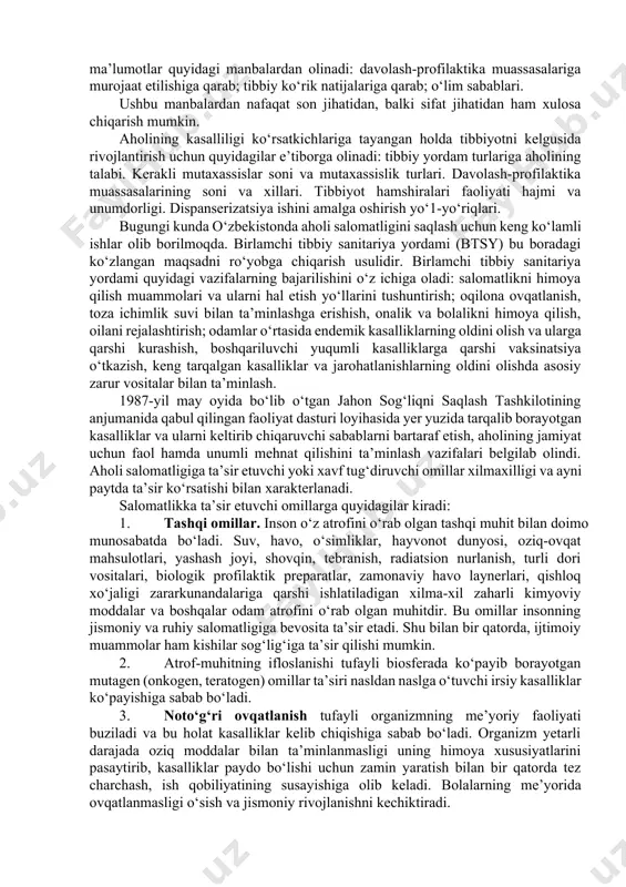 t salomatligini, sog‘liqni saqlash vazifalarini va ularni amalga oshirish yo‘llarini o‘rgatadi. jahon sog‘liqni saqlash tashkiloti nizomiga ko‘ra, salomatlik bu jismoniy, ruhiy va ijtimoiy jihatdan osoyishtalik holatidir. sog‘lom kishigina mehnat qilish faoliyati bilan shug‘ullanib, jamiyat va davlatga foyda keltiradi. binobarin, salomatlik har bir kishi uchun bebaho ne’mat, baxt-saodat, mamlakat iqtisodiy qudrati va xalq farovonligini oshirishining zaruriy shartidir. ijtimoiy salomatlik – jamiyatni ijtimoiy, iqtisodiy va siyosiy jihat dan harakatlantiruvchi omil hisoblanadi. shuning uchun, jamiyat salomatligining asosiy ko‘rsatkichlarini bilish har bir tibbiyot hamshirasi uchun zarurdir. kasallanish – aholi salomatligining izdan chiqish hollari bo‘lib, inson salomatligiga baho berishda katta ahamiyatga ega. aholining kasallanishi haqidagi ma’lumotlar quyidagi manbalardan olinadi: davolash-profilaktika muassasalariga murojaat etilishiga qarab; tibbiy ko‘rik natijalariga qarab; o‘lim sabablari. ushbu manbalardan nafaqat son jihatidan, balki sifat jihatidan ham xulosa chiqarish mumkin. aholining kasalliligi ko‘rsatkichlariga tayangan holda tibbiyotni kelgusida rivojlantirish uchun quyidagilar e’tiborga olinadi: tibbiy yordam turlariga aholining talabi. kerakli mutaxassislar soni va mutaxassislik turlari. …