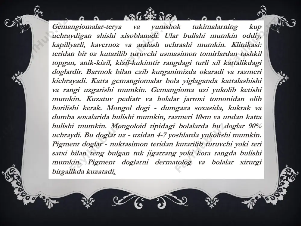 vdada kattik shish paydo bulishi bilan xarakterlanadi. shikastlangan soxada teri okish rangda, ba'zan tsianotik, ushlab kurilganda sovuk, tarang, yigib kurilganda burmaga yigilmaydi. ezib kurganimizda chukurcha koladi, asosan 2-4 kunlari kuzatiladi. ogir xollarda tanani xamma kismini-tovon,oyok- kul kaftlari bilan birga egallashi, bolaning umumiy axvoli ogir, bola bush, ishtaxasi bulmasligi mumkin._davolash: sklerodermani-bolani isitish (kuvezga kuyish,) issik vannalar, sollyuks ximoyalovchi massaj, vit e - 50 mg/sut, kiska kurs glyukokortikoidlar, yurak glikozidlari, antibiotiklar, gemotransfuziya utkaziladi. isitishdan tashkari zaralangan soxaga yod surtish (yodli setka) 2 maxal, bolani sovkotishga yul kuymaslik. sklerema - teri va gavda, oyok-kullarda bulib, kuprok chala tugilgan va mns ning ogir shikastlanishlarida birinchi xaftaning urtasida ya'ni oxirlarida kuzatiladi. boldir, son, dumba, tana, tananing yukori kismlarida diffuz kotishi kuzatiladi.teri burmaga yigilmaydi, ezib kurganimizda chukurcha xosil bulmaydi,okimtir yoki kizil - tsianotik, ba'zan sargimtir rangda ushlab kurilganda sovuk buladi. shikastlangan soxa atrofiyaga uchraydi, xarakat chegaralangan, yuzi maskasimon bulishi mumkin. tovon - kaft, jinsiy organlar da …