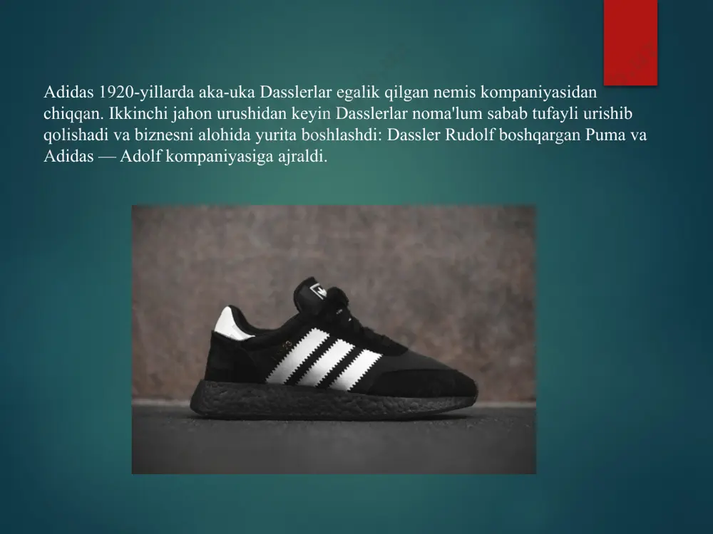 gdan ortiq sportchi adidas’dan kiyingan. 2012 yilda adidas londondagi olimpiya va paralimpiya o‘yinlarining homiysi bo‘lgan. adidas formasini ko‘ngillilar, xizmat ko‘rsatuvchilar, hukumat vakillari va buyuk britaniya terma jamoasi ishtirokchilari kiyishgan adidas shartnoma imzolangan sportchilarni ham kiyintirgan. masalan, amerika terma jamoasi besketbolchisi derrik rouz adidas bilan hamkorlikda yaratilgan d-rose krossovkalarini kiygan. adidas ijrochi direktori gerbert xaynerning so‘zlariga ko‘ra, 2007 yildan 2012 yilgacha kompaniya homiylik, marketing va londondagi olimpiada reklamasiga 100 mln funt (deyarli 130 mln dollar) sarflagan. adidas bugungi kunda adidas bosh direktori kasper rorshtedning so‘zlariga ko‘ra, 2018 yil uchun belgilangan istiqbolli vazifa – onlayn-do‘konni rivojlantirish. adidas bir vaqtning o‘zida ham funksional, ham urfga mos bo‘ladigan sport buyumlarini yaratishda davom etadi. buning uchun brend moda dizaynerlari bilan hamkorlikda to‘plamlar chiqaradi. rorshted misol keltirdi: yaqinda adidas youtube’da niderlandiyalik 21 yoshli daniel katarini topdi va u bilan birgalikda kapsulali to‘plamni chiqardi. shuningdek, kompaniya 3d-printerda chop etilgan krossovkalarni ishlab chiqarishda davom etadi. “3d chop etish …