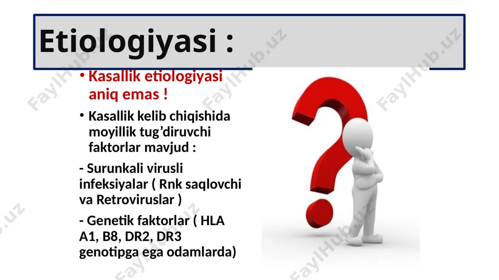 katta diagnostik kriteriylari : yuzda ‘kapalak’ dog’ining bo’lishi lyupus artrit lyupus pnevmonit lyupus nefrit qonda le- xujayrasi topilishi anf titrining yuqori bo’lishi kumbus reaksiyasi musbat bioptatda gematoksilinli tanacha aniqlanishi autoimmun verlgof sindromi patomorfologik belgi патоморфологияси le хужайралар ва гемотоксилин таначалари топилиши бириктирувчи тукима шикастланганда зарарланган учокда аморф массали ядро моддаси олиниб гемотоксилин билан буялганда гемотоксилин танаси аникланади ( кук рангда буялган) бундай таначаларни ютган нейтрофиллар le – хужайралар дейилади. кумбс реакциясининг мусбат булиши, бу эритроцитлар устида антитаналарнинг фиксацияланганлигидан далолат берувчи синама булиб касалликни аутоиммун характерга эга эканлигидан дарак беради skv ning kichik diagnostik kriteriylari : tana haroratining 37.5 dan yuqori bo’lishi ozish kapilyarit poliserozit limfadenopatiya gepatosplenomegaliya miokardit polinevrit polimiozit poliartralgiya reyno sindromi echt oshishi pansitopeniya vasserman musbat gipergammaglabulinemiya katta diagnostik kriteriylardan quydagi 3 ta belgini bo’lishi kasallikni tasdiqlaydi “kapalak” simtomi le-xujayrasi yoki anf titrining yuqoriligi gematoksilinli tanacha tashxisoti namuna :sistemali qizil bo’richa, o’tkir osti kechishi, iii- aktivlik daraja, glomerulonefrit (nefrotik …