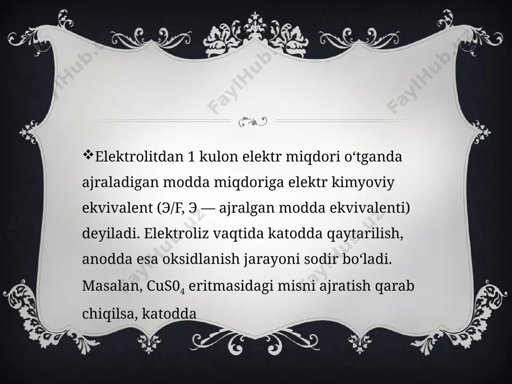 i. 2,0v yaqinida tokning keskin o'zgarishi fon elektrolitining elektr kimyoviy qaytarilishi bilan bog'liq, chunki fon elektroliti va erituvchi hamma potensiallarda ham befarq bo'lolmaydi. odatda, befarq fon elektrolitining konsentratsiyasi tekshiriladigan moddaning konsentratsiyasiga qaraganda juda katta bo'ladi. polyarogrammalarni qarab chiqish shuni ko'rsatadiki, hatto fon elektroliti tarkibida tekshiriladigan modda bo'lmasa ham, bo'g'indan ma’lum miqdor kichik qiymatli tok o'tadi. bu tokka qoldiq tok deyiladi. elektr aktiv modda (depolyarizator) polyarogrammasida qoldiq tokka nisbatan kuzatiladigan tokning ko'tarilishiga (i'd- l ) to 'g 'ri keladigan potensial ajralish potensiali deyiladi. depolyarizator polyarogrammasida tok keskin oshgandan keyin kuchlanishga bog‘liq bo‘lmay qoladi, u amalda o ‘zgarmas bo‘lib, to'yingan tok deb ataladi. depolyarizatorning mikroelektrod sirtiga kelish tezligi cheklanganligi natijasida to'yingan tok yuzaga keladi. u boshqa omillar nazorat qilinganda faqat depolyarizatorning konsentratsiyasiga bog‘liq, shuning uchun unga to'yingan diffuzion tok (qisqacha diffuzion tok — l) deyiladi. diffuzion tokning depolyarizator konsentratsiyasiga bog‘liqligi ilkovich tenglamasi yordamida quyidagicha ifodalanadi: bu yerda, n — elektr kimyoviy reaksiyada …