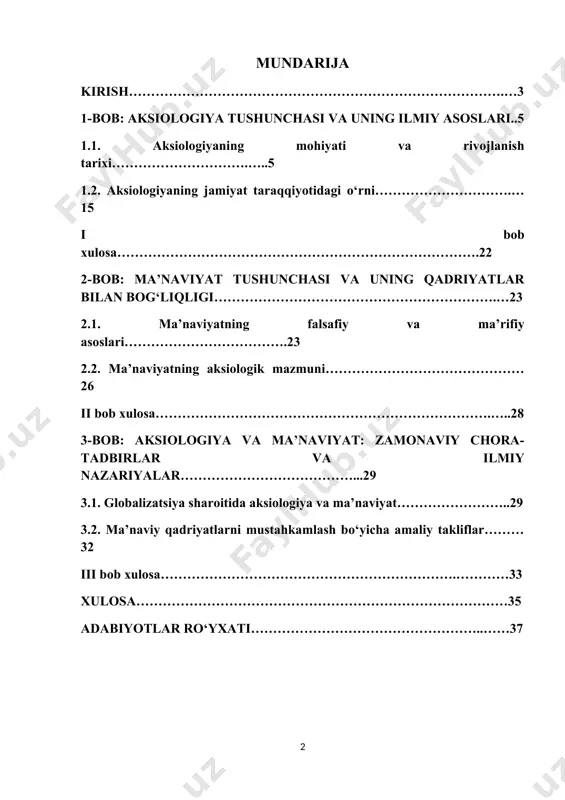 uni qayd etish lozimki, hozirgi zamon aksiologiyasida bu muammoni yechishga nisbatan yagona yondashuv mavjud emas. shu sababli, turli konsetsiyalar doirasida ilgari surilgan bu muammoni yechishga nisbatan yondashuvlarni umumlashtirib, qadriyatlarni ijtimoiy hayot sohalariga ko‘ra; qadriyatlarning sub'ektlari yoki manbalariga ko‘ra; qadriyatlarning jamiyatdagi roliga ko‘ra tasniflash mumkin. aksiologiya va ma’naviyat tushunchalari: mohiyati va o‘zaro bog‘liqligi aksiologiya – qadriyatlar haqidagi fan bo‘lib, inson hayoti va jamiyat taraqqiyoti uchun muhim bo‘lgan axloqiy, estetik va boshqa turdagi qadriyatlarni o‘rganadi. ushbu fan qadriyatlarning mohiyati, kelib chiqishi, turli madaniyat va tarixiy bosqichlardagi roli haqida fikr yuritadi. ma’naviyat esa jamiyatning ruhiy-ma’rifiy va axloqiy asoslarini ifodalovchi tushuncha sifatida qadriyatlarning amalda namoyon bo‘lishiga bevosita bog‘liqdir. aksiologiya va ma’naviyat o‘rtasidagi bog‘liqlik shundan iboratki, ma’naviyat qadriyatlarni shakllantirishning asosiy manbai bo‘lsa, aksiologiya ularni nazariy jihatdan tadqiq etadi. ma’naviyat orqali jamiyatdagi qadriyatlar tizimi rivojlanadi va ular insonlarning xulq-atvori, axloqiy tamoyillari va turmush tarzida aks etadi. shu bois, aksiologiya va ma’naviyatni o‘rganish zamonaviy jamiyat hayotida alohida …
