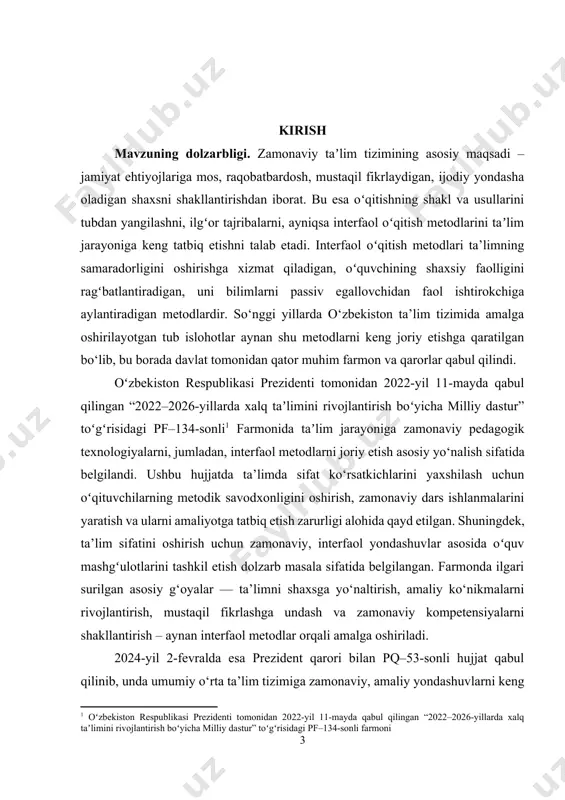 ustaqil fikrlash, muloqotga kirishish, o‘z nuqtai nazarini ifodalash, muammoni yechish kabi kompetensiyalarni shakllantirishdagi roli alohida ta’kidlash joiz. interfaol metodlar orqali tashkil etilgan darslar o‘quvchilarning o‘zaro hamkorlik qilish malakasini rivojlantiradi, dars jarayonini jonlantiradi va ularni bilim egallashda faol ishtirok etishga undaydi. bu esa ta’lim samaradorligining oshishiga, o‘quvchining darsga bo‘lgan munosabatining ijobiy tomonga o‘zgarishiga olib keladi. bugungi kunda o‘qituvchidan faqatgina bilim beruvchi emas, balki o‘quvchini hayotga tayyorlovchi murabbiy sifatida faoliyat yuritish talab qilinmoqda. bunday vazifani bajarish esa, zamonaviy ta’limga mos metod va yondashuvlarni qo‘llash bilan chambarchas bog‘liqdir. interfaol metodlar esa aynan mana shu ehtiyojlarga javob bera oladigan, o‘quvchini faol o‘rganuvchi, izlanuvchi, fikr yurituvchi shaxs sifatida shakllantirishga xizmat qiladigan eng samarali yondashuvlardan biridir. shu sababli ham “interfaol o‘qitish metodlari asosida o‘quv mashg‘ulotlarini tashkil etish” mavzusi bugungi ta’lim islohotlari kontekstida nihoyatda dolzarb bo‘lib, bu mavzuni chuqur o‘rganish, nazariy asoslarini tahlil qilish va amaliyotga tadbiq etish orqali ta’lim sifatini oshirishga katta hissa qo‘shish mumkin. yurtimizda …