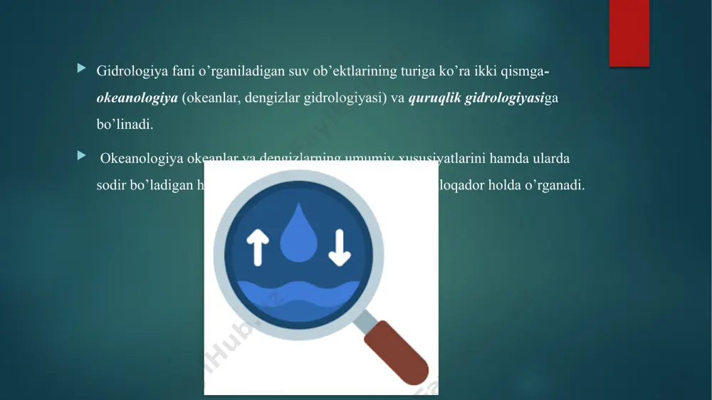 ilgan yoki umuman o’rganilmagan suv ob’ektlari, to’g’­ridan­to’g’ri dala sharoitida, umumiy tarzda yoki aniq bir yo’nalishdagi maqsadni ko’zlab tadqiq etiladi. bu usulda bajarilishi zarur bo’lgan gidrologik o’lchov va kuzatuv ish­lari majmui, ekspeditsiya oldiga qo’yiladigan vazifalarga bog’liq holda, oldindan tuzilgan dasturda batafsil ko’rsa­tilgan bo’ladi. ekspeditsiya sharoitida, asosan, makonda keng miqyosda o’zgaruvchi, lekin ma’lum vaqt ichida kam o’zgara­digan gidrologik hodisa va jarayonlar tadqiq qilinadi. o’rganilayotgan hudud gidrografik tarmoqlarida nisbatan qisqa muddatda (bir necha oylardan to bir­ikki va ba’zan undan ham ko’p yillarda) o’lchov va kuzatuv ishlari baja­rilib, kerakli ma’lumotlar to’planadi. тajriba­laboratoriya usuli suvning tabiiy va ximiyaviy xossalarini aniqlash, gidrodinamik hodisalarni va boshqa jarayonlarni modellash sharoitida o’rganish im­konini beradi. тajribalar loyiha­ilmiy tadqiqot insti­tutlarida, maxsus uskuna va qurilmalar bilan jihozlangan laboratoriyalarda amalga oshiriladi. bu usul ayniqsa gid­rotexnik inshootlar (ges, suv omborlari, kanallar)ni loyihalash vaqtida kerak bo’ladigan ko’pgina asosiy ko’r­satkichlarni va kechishi mumkin bo’ladigan hodisalarni modellash orqali aniqlashda juda qo’l keladi. yuqoridagilardan tashqari nazariy tahlil usuli …