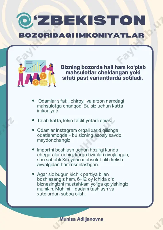 sulotning turli ishlab chiqaruvchilaridan sifat farqi katta bo‘ladi. birida plastik tez sinadi, boshqasida esa mustahkam chiqadi. 3.yetkazib berish tezligini solishtirish – ba’zi yetkazib beruvchilar 7 kunda jo‘natadi, boshqasi 20 kunda. vaqt esa biznesda pul bilan teng. 3-qoida. mahsulotni 3 manbadan solishtirmasdan hech qachon to‘lov qilma xitoydan yoki boshqa bozordan mahsulot olishda boshlovchilar ko‘p hollarda birinchi uchragan yetkazib beruvchiga ishonib, darrov pul yuborishadi. bu esa ko‘p xatolarga olib keladi: yuqori narx, past sifat, sekin yetkazib berish. xitoydan yoki boshqa davlatdan mahsulot olmoqchi bo‘lsangiz, birinchi navbatda ishonchli kargoni tanlash kerak. chunki mahsulotni sizga yetkazadigan — aynan kargo. agar ular bilan muammo bo‘lsa, mahsulot yetib kelmasligi, buzilishi yoki juda kechikishi mumkin. 🔑 nega bu muhim? • odamlar odatda arzon kargoni tanlashadi. lekin arzonlik har doim ham xavfsizlik degani emas. ishonchli kargo sizning tovarlaringiz xavfsizligi, vaqtida yetib kelishi va ishonchingizni ta’minlaydi. bir marta ishonchsiz kargoga tushib qolgan odam katta yo‘qotishga uchraydi: pul, mahsulot, vaqt, …