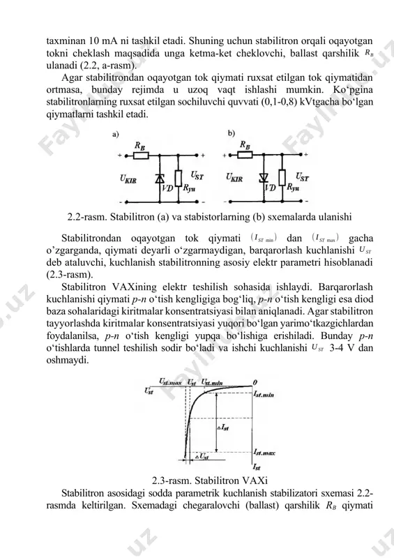 (2.3-rasm). stabilitron vaxining elektr teshilish sohasida ishlaydi. barqarorlash kuchlanishi qiymati p-n o‘tish kengligiga bog‘liq, p-n o‘tish kengligi esa diod baza sohalaridagi kiritmalar konsentratsiyasi bilan aniqlanadi. agar stabilitron tayyorlashda kiritmalar konsentratsiyasi yuqori bo‘lgan yarimo‘tkazgichlardan foydalanilsa, p-n o‘tish kengligi yupqa bo‘lishiga erishiladi. bunday p-n o‘tishlarda tunnel teshilish sodir bo‘ladi va ishchi kuchlanishi 3-4 v dan oshmaydi. 2.3-rasm. stabilitron vaxi stabilitron asosidagi sodda parametrik kuchlanish stabilizatori sxemasi 2.2-rasmda keltirilgan. sxemadagi chegaralovchi (ballast) qarshilik rb qiymati berilgan kirish kuchlanishi da stabilitron orqali o‘tayotgan tok qiymati va toklarning taxminan o‘rta qiymatiga teng bo‘ladigan qilib tanlanadi. – stabilizatsiya tokining elektr teshilish sodir bo‘ladigan minimal qiymati. tok qiymati stabilitron sochishi mumkin bo‘lgan (ruxsat etilgan) maksimal quvvat rmax bilan aniqlanadi. kirish kuchlanishi ortganda yoki yuklama qarshiligi ryu ortishi hisobiga yuklama toki kamayganda, stabilitron orqali o‘tayotgan tok qiymati keskin ortadi. natijada rb ballast qarshilikda kuchlanish pasayishi ortadi. kirish kuchlanishining ortgan deyarli barcha qiymati ballast qarshilikda tushadi. kirish kuchlanishi kamayganda …