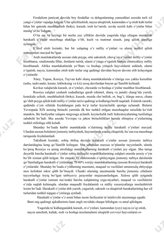 lari bo’yicha, o’tkaziladigan darslar, sport mashg’ulotlarida (trenirovka) maqsadli foydalanish yo’lga qo’yilgan. bu o’z navbatida milliy harakatli o’yinlarning nufuzini oshirishga ko’mak beradi. o’zbekiston respublikasining “ta’lim to’g’risida” (1997), “jismoniy tarbiya va sport to’g’risida”gi (2000, 2015 yil yangi taxriri) qonunlarga rioya qilish hamda o’zrning davlat ta’lim standartlari, kadrlar tayyorlash milliy dasturi, sog’lom avlod davlat dasturini amalda bajarishda “milliy harakatli o’yinlar” fani asosida yangi vazifalar mujassamlashadi. ularni quyidagi yo’nalishlarda ijro etish maqsadga muvofiq bo’ladi, ya’ni: 1. harakatli o’yinlarni shug’ullanuvchilarning yoshiga qarab belgilash va turkumlarga ajratish (jismoniy sifatlarni tarbiyalovchi). 2. bolalar bog’chalarida tashkil etiladigan harakatli o’yinlarning tartib va tizimlarini qo’llash. 3. boshlang’ich (i-iv) va yuqori sinflarda (v-vii, viii-ix, x-xi) o’tiladigan harakatli o’yinlarning ijtimoiy-tarbiyaviy xususiyatlariga e’tiborni kuchaytirish. 4. aholi istiqomat joylari, istirohat va ko’ngil ochish bog’lari, o’quvchi-yoshlar va talabalarning yozgi dam olish oromgohlari, sog’lomlashtirish sport markazlarida tashkil etiladigan harakatli o’yinlarni sharoitlarga qarab belgilash va h.k. eng muhimi esa talabalarga harakatli va milliy o’yinlarning ijtimoiy-madaniy, tarbiyaviy, sog’lomlashtirish …
