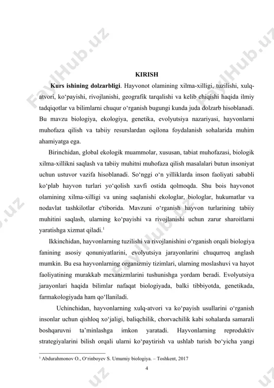 illikni saqlash va insoniyat hayot sifatini yaxshilashga qaratilgan amaliy tadqiqotlarga hissa qo‘shadi. bu esa ishning dolzarbligi va ahamiyatini yanada oshiradi. kurs ishi obyekti. ushbu kurs ishining obyekti — hayvonot olamining xilma-xilligi, tuzilishi, xulq-atvori, ko‘payishi, rivojlanishi, geografik tarqalishi va kelib chiqishidir. obyekt sifatida hayvonlarning biologik tizimlari va ularning o‘zaro ta’sirlari, shuningdek, evolyutsiya jarayonlari ham ko‘rib chiqiladi. hayvonot olamining obyekti biologiyaning keng qamrovli sohasi bo‘lib, unda turli hayvon turlari va ularning organizmdagi tuzilmalari, yashash sharoitlari, xulq-atvori, ko‘payish strategiyalari o‘rganiladi. shuningdek, hayvonlarning geografik tarqalishi va evolyutsion kelib chiqishi bu obyektda muhim o‘rin tutadi. kurs ishi predmeti. ushbu kurs ishining predmeti — hayvonot olamining xilma-xilligi, tuzilishi, xulq-atvori, ko‘payishi, rivojlanishi, geografik tarqalishi va kelib chiqishining o‘ziga xos xususiyatlari hamda ular orasidagi bog‘liqlik va o‘zaro ta’sirlardir. predmet sifatida aynan hayvonlarning biologik tizimlari, ularning evolyutsion rivojlanishi jarayonlari, turli hayvon turlarining xulq-atvori va ko‘payish strategiyalari o‘rganiladi. shuningdek, hayvonlarning geografik tarqalishi va ularning ekologik muhitga moslashuvi kurs ishida chuqur …
