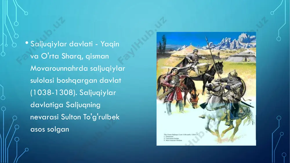 sh ham yuklangan. •1077-yilda malikshoh anushtegin garchoini xorazmga noib etib tayinlaydi va xorazmda anushteginlar sulolasi hukmronligi boshlanadi. •1097-yilda anushtegin vafot etgach, xorazm noibi etib ekinji ibn qorachar tayinlanadi. biroq u o'sha yili noiblikdan chetlatilib, uning o'rniga anushteginning ogli qutbiddin muhammad (1097- 1127 yy.) qo'yiladi. garchi, u "xorazmshoh" unvonini tiklab, shu nom bilan ulug'lansa ham saljuqiylarning sadoqatli noibi bo'lib qoldi. •xorazmshoh otsiz (1127-1156 yy.) saljuq sultoni sanjarga qarshi muvaffaqiyatli kurash olib borgan. u mugʼombir diplomat va qat'iy sarkarda bolib, mustaqil tashqi siyosat yuritadi. •1156-yili otsiz vafot etadi va uning o'g'li elarslon (1156- 1172 yy.) xorazmiylar davlatini mustahkamlashni davom ettirib, dehistonni tevarak-atrofdagi yerlarga qo shib oladi. elarslon oziga voris etib o'g'li sultonshoh mahmudni (1172- 1193) tayinlaydi, •1231-yil avgustda jaloliddin manguberdi ozarbayjonda halok bo'lgach, 154-yil hukmronlik qilgan anushteginlar sulolasining hukmronlik davri tugaydi •e'tiboringiz uchun rahmat