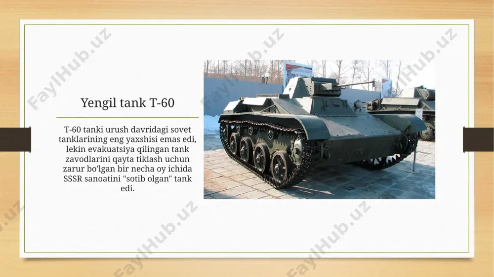 ndeksini olgan tankning ichki maydonidan samarali foydalanish mumkin bo'ldi. tank ishlab chiqarishga tayyor edi, ammo harbiy va texnika ishlab chiqaruvchilarning ritmini buzmaslik uchun mamlakat rahbariyati otlarni o'rta oqimga almashtirmaslikka, balki yangi transport vositasini chiqarishni urushdan keyingi vaqtga qoldirishga qaror qildi. keyinchalik bu t-44 urushdan keyingi "asosiy jangovar tank" kontseptsiyasi uchun asos bo'lib xizmat qildi va uning to'g'ridan-to'g'ri avlodlari t-54 va t-55 edi. urush paytida 190 ta t-44 tanklari ishlab chiqarilgan, ammo ular jangovar harakatlarda qatnashmagan. o'rta tank t-44 t-44 - bu urush va urushdan keyingi avlodlar o'rtasida "tiqilib qolgan" o'rta tank. biroq, u kelajakdagi tanklarning ko'rinishini aniqlashi kerak edi. og'ir tank is-3 ushbu jangovar transport vositasini urushdan keyingi tank sifatida tasniflash mumkin, chunki is-3 ulug' vatan urushida qatnashmagan - u "kech tug'ilgan" va berlin qulagandan keyin bo'linmalarga etkazib berila boshlangan. is-2 bilan bir xil qurolga ega bo'lgan is-3 butunlay qayta ishlangan korpus va minorani oldi. zirh qalinligi seriyaning oldingi tankiga …
