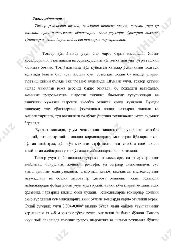 к тўғри келса, энг яхши ён бағир бўлади. токзор учун жой танлашда токнинг тупроқ шароитига ва шамол режимига бўлган талабларини ҳисобга олиш лозим. юқорида айтиб ўтилганидек ток турли хил тупроқли ерларга, шунингдек бошқа қишлоқ хўжалик экинлари учун кам яроқли бўлган жойларда ҳам осон мослашади. унинг бу ҳусусиятидан қумликларни мустахкамлашда, тоғлар ва тоғ этакларидаги тошли-тупроқли, шағалтошли, сизот сувлар ер юзасига яқин жойлашган ерларни ўзлаштиришда фойдаланилади. токзор майдони ер тузиш ишлари билан бир вақтда хўжаликнинг барча тармоқларини ривожлантиришнинг истиқболли режасига мувофиқ барпо этилади. кўчатлар сийрак бўлиб жойлашмаслиги учун яқин уч-беш йилда токзор барпо этиш режаси тузилади ва ҳар йили кўчат экиш тартиби билан бошланади. кўчатларни ёппасига экиш (эски боғларни ҳисобга олганда) машиналарнинг, материалларнинг, ишчи кучининг бекорга ортиқча сарфланишининг олдини олишга имкон беради, ишчи бригадаларини бошқаришни, ҳосилни қўриқлашни ва шунга ўхшашларни енгиллаштиради. токзордаги ишларни қийинлигини ҳисобга олиб, майдонларни аҳоли яшайдиган пунктларга яқин жойлардан ажратиш маъқул. узоқдаги токзорларда дала шийпонлари қуриш лозим. токзордан темир …