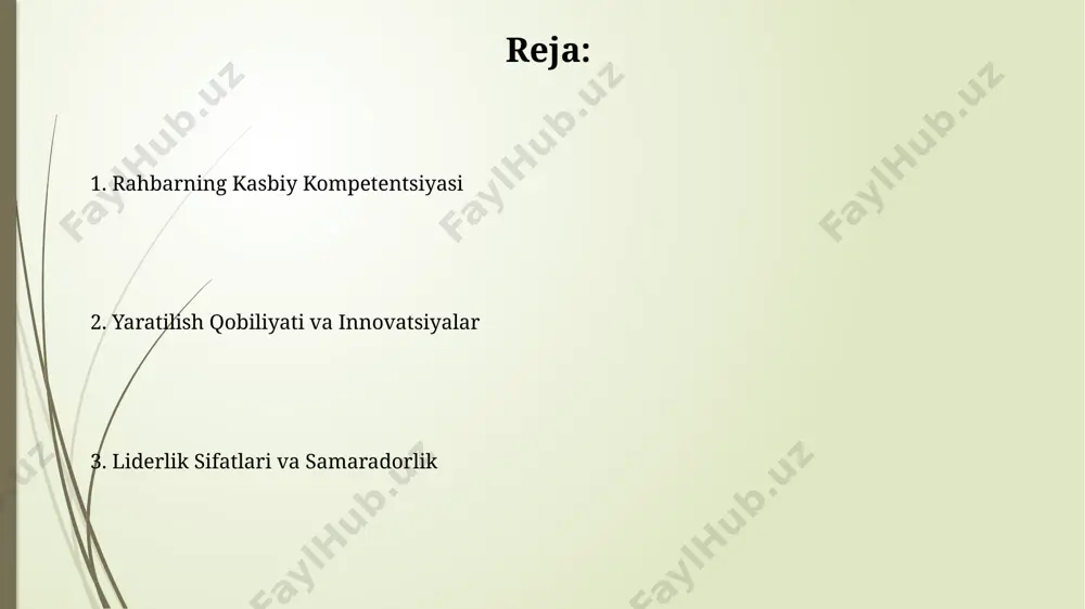 ot ko'nikmalari jamoa ichidagi samarali hamkorlikni 30% ga oshirishi va loyihalarni 15% tezroq bajarilishiga yordam berishi mumkin, bu esa vaqt va resurslardan tejashga olib keladi. stress menejmenti va qiyinchiliklarni yengish stressni kamaytirish va qiyinchiliklarni yengishda ijtimoiy qo‘llab-quvvatlashning ahamiyati katta bo‘lib, bu rahbarning samaradorligini 25% ga oshirishi mumkin. rahbarning stressga chidamliligini 30% ga oshirish uchun samarali vaqt boshqarish texnikalarini, masalan, pomodoro texnikasini qo‘llash muhim. risklarni boshqarish va imkoniyatlardan foydalanish strategik rejalashtirishda yuqori darajadagi xavflarni (yuqori ta'sir va yuqori ehtimol) aniqlash va ularni bartaraf etish uchun aniq choralarni belgilash, potentsial zararlarni 50% ga kamaytirishga yordam beradi. innovatsion yondashuvlar bilan 20% yangi imkoniyatlarni o'rganishga vaqt ajratish, kompaniyaning 80% odatiy faoliyatiga salbiy ta'sir ko'rsatmasdan, yangi daromad manbalarini ochishga yordam beradi. delegatsiya va vakolat berish muvaffaqiyatli delegatsiya, bo'ysunuvchining kompetentsiyasi va motivatsiyasi darajasini hisobga olgan holda, kamida 5 ta aniq ko'rsatkich asosida baholanadi. delegatsiya samaradorligini oshirish uchun 70/30 qoidasidan foydalanish tavsiya etiladi: rahbar 70% strategik vazifalarga, …