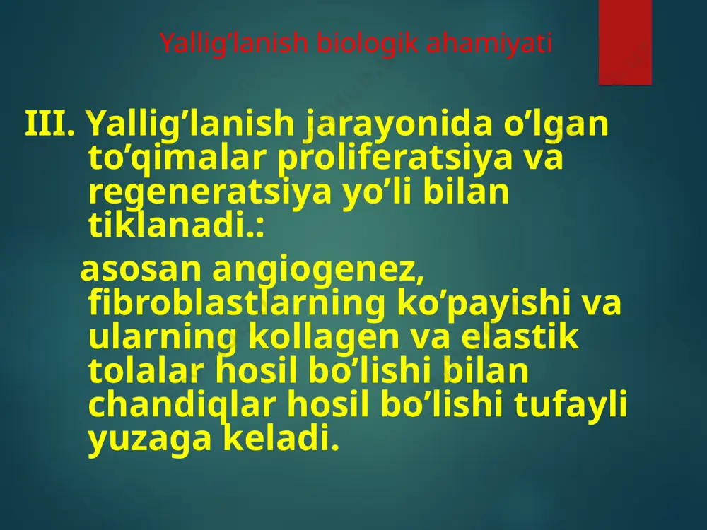 ’lanish mediatorlari - vazodilyatatorlar↑) fizik-kimyoviy mexanizm(аtsidoz, к+↑ и др.) ↑↑↑to’qimalarga о2 yetqazib berish ortadi, shikastlangan hujayra mahsulotlari va flogogenlarni neytrallashga qaratilgan jarayonlar ketadi, yallig’lanish o’chog’ida mikrosirkulyatsiya o’zgarishlari iii. diffuz «kapillyar» giperemiya (aralash giperemiya, kapillyarlarning yallig’lanishi ) lizosoma destabilizatsiyasi → gidrolaz ajralishi → mikrosirkulyatsiya tomirlarining adventitsiyasini yo’q qilish выше названные эффекты (ii) iv.venoz giperemiya ↓↓↓yallig’lanish o’chog’ida qon oqimi pasayishi: tomirlar paralichi tomir ichi qon oqimida to’siqlar(leykotsitlar adgeziyasi, yopishqoqlik ortishi ↑, сладж) tomirlar ekssudat bilan bosilishi ↓↓↓ отток крови из очага воспаления → его локализация – «защитный вал» v. prestaz,staz yuqoridagi omil uzoq vaqt ta’sir qilishi natijasida nekroz zonasi (центр очага воспаления) капиллярно-трофическая недостаточность → гипоксия → некроз * yallig’lanishda tomirlar o’tkazuvchanligi ortishi ko’rinishlari (по: s.l.robbins) изменение проницаемости 0 1/2 1 2 3 4 5 6 время (часы) а. o’tkazuvchanlik erta ko’rinishi (tranzitor) а б.o’tkazuvchanlik uzoq muddadli ko’rinishi б в. o’tkazuvchanlik kechki buzilishi. в 8 yallig’lanishda tomir o’tkazuvchanligi ortishi ko’rinishlari i tip …