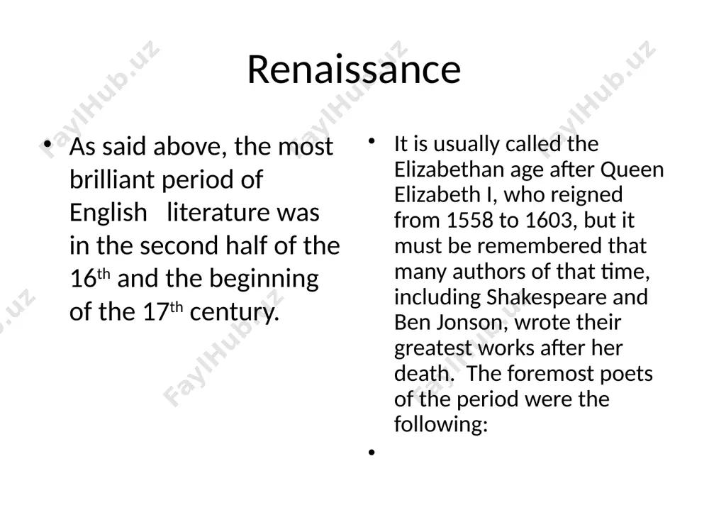 . “the faerie queene” “the faerie queene” (only six books out of the planned twelve were completed) describes nature, or picturesque allegorical scenes. the stanza of the work was constructed by spenser and is called the spenserian stanza after him. many other poets, e.g. burns, byron, shelley, used spenserian stanzas in some of their poems. “amoretti” the title of his sonnet cycle “amoretti” means “little love stories”. the cycle is dedicated to elizabeth boyle. at that time spenser was in love with her and his sonnets tell the story of their romance. his sonnets are melodious and expressive. sonnet 75 one day i wrote her name upon the strand, but came the waves and washed it away: again i wrote it with a second hand, but came the tide and made my pains his prey. “vain man,” said she, “that dost in vain assay a mortal thing so immortalize, for …