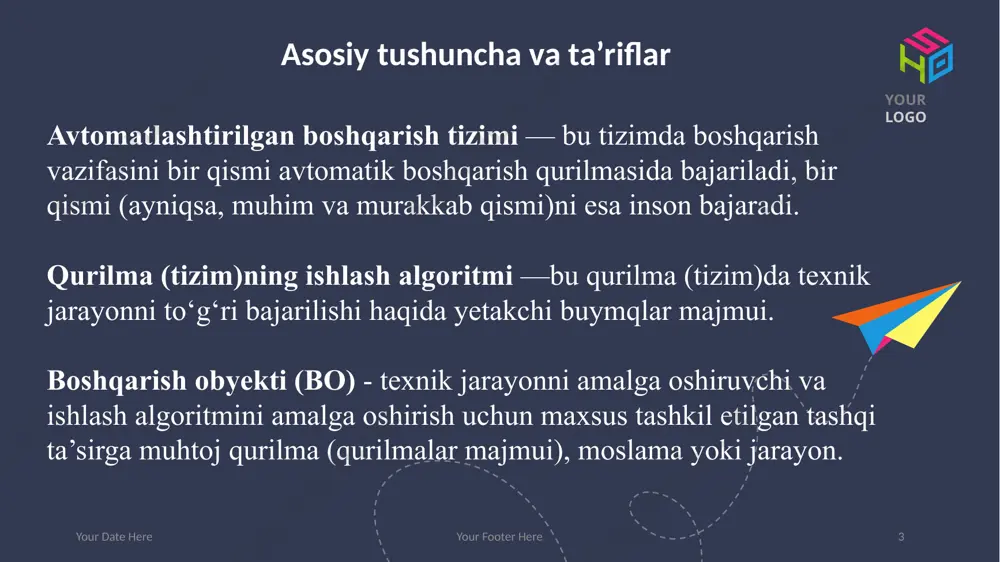 halliy teskari bog‘langan element yoki korrektlovchi qurilma. 8 - asosiy teskari bog‘lanish elementi yoki axborot datchiklari deyiladi. funksional sxema ke - kuchaytiruvchi element ie — ijro elementi к - kuchaytirgich © copyright showeet.com – creative & free powerpoint templates 8 2. strukturaviy sxema (model) - bu sxema tizimning matematik modelini bildiradi. bunda har bir elementga mos ravishda algebraik, differensial, integral tenglamasi yoki qandaydir uzatish funksiyasi keltiriladi your date here strukturaviy sxema 3. prinsipial sxema - bu sxema funksional sxemani kengaytirilgan ko‘rinishi bo'lib, bunda har bir elemental kengaytirib ko‘rsatiladi. o ‘zgarmas tok generatorining kuchlanishini avtomatik boshqarish tizimining prinsipial sxemasi. thank you ! made with by © copyright showeet.com © copyright showeet.com – creative & free powerpoint templates 10 image4.png image5.png image6.png image7.png image8.png image9.png image1.png image2.png image3.png