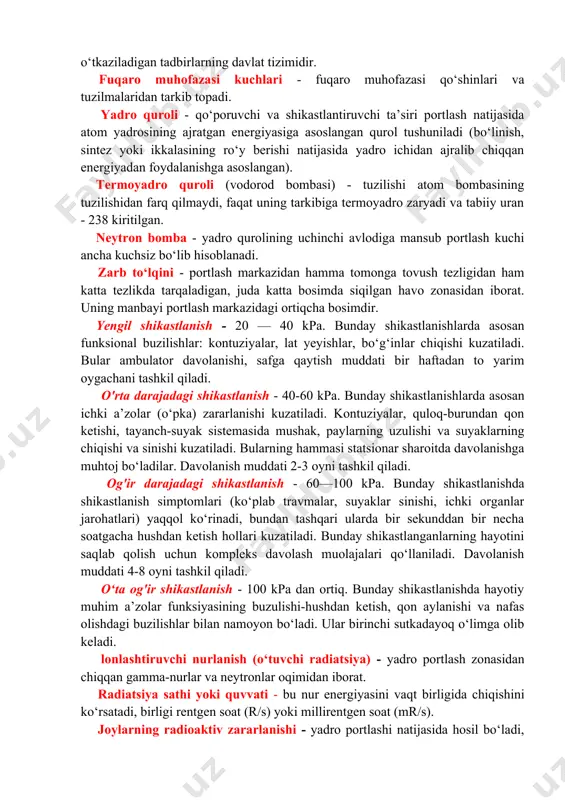 dan, kimyoviy birikmalar - zaharli xavflar, radiatsiya nuri - insonning nurlanish kasalligiga olib keluvchi xavf, elektr-payvandlashda chiqadigan nur - ko‘z faoliyatini izdan chiqaruvchi xavflar hisoblanadi. potensial (yashirin) xavflar - muayyan sabablar natijasidagina yuzaga kelishi mumkin. masalan, benzin - yonuvchanligi real xavf bo‘lsa, zarb ta’sirida portlashi potensial xavf, yoki quyoshdan keladigan nurlarning qizdirishi real xavf bo‘lsa, inson tanasiga surunkali ta’siri natijasida organizmning kasallanishiga olib kelishi - potensial xavf hisoblanadi. xavf - hayot faoliyati xavfsizligining markaziy tushunchasi bo'lib, u hodisa, jarayon, obyekt, kuchli ta’sir etuvchi va boshqa omillarning inson sog‘ligiga, umriga qay darajada zarar keltirishini anglatadi. taksonomiya - murakkab hodisalarni, jarayonlarni, tushunchalarni yoki obyektlarni bir sistemaga solish haqidagi fandir. xavflar taksonomiyasi - xavflarni tartib bo‘yicha joylashtirish degan ma’noni anglatadi. nomenklatura - muayyan belgi, xususiyatiga ko‘ra sistemaga solingan nom va so‘zlar ro‘yxatidir. kvantifikatsiya - murakkab tushuncha, (ofat, talafot, yong‘in, nurlanish, shamol va hokazojlarning sifatini, oqibatini aniqlashda sonli tavsiflarning joriy qilinishidir. tavakkal - xavflarni …