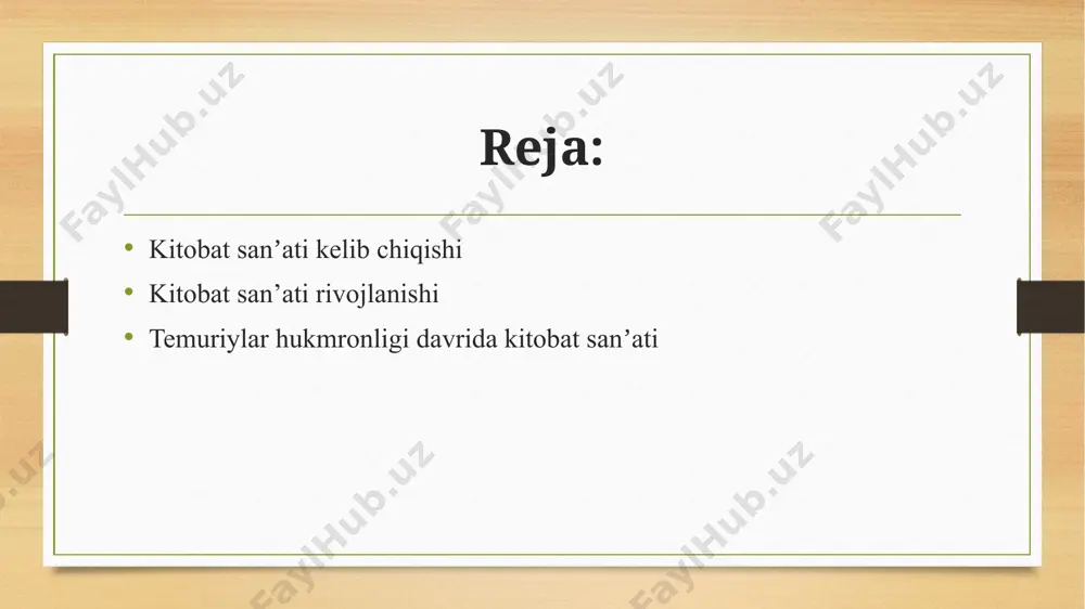 kash ayni yopishtirilgan joydan turli ranglarda chiziqlar tortib, matnni jadvalga olgan. soʻngra moʻzahhib suyultirilgan oltin va boshqa turli ranglar yordamida qoʻlyozmani ziynatlagan va "shams", "lavha", "sarlavha", "zarvaraq" "xotima" naqshlar bilan bezagan. boʻsh qoldirilgan joylarga musavvir rasm (miniatyura) ishlagan musavvirlarning o’rni musavvir, naqqosh nafis qamish qalam bilan rasmning asosiy tarhini, shakllar chizigʻini, zaminni, detallarni chizib, soʻng turli rangda (oltin, kumush ishlatgan holda) boʻyagan. muqovachi qoʻlyozmani karton yoki charmdan ishlangan (naqsh zarb qilingan, boʻyoqlar, oltin bilan boʻyalgan) muqovaga biriktirgan, muqova qopqogʻi yogʻochdan baʼzan kumushdan quyib tayyorlangan hamda bosma, oʻyma va qadama naqshlar, yorqin rasmlar bilan bezatilgan. oʻrta asrlar (8—12-asrlar)da mutafakkirlar, olimlar asarlari, asosan, arab tilida (xorazmiyning "kitobi surat al-arz" — "yer tasviri kitobi", 1036; kitobat sanʼatining yuksak namunalari beruniyning "osor ulboqiya" — "qadimgi xalqlardan qolgan yodgorliklar", 14-asr va boshqalar), keyinchalik (10—19-asrlar) fors tilida bitilgan va rasmlar bilan bezatilgan. temuriylar davri (1370 — 1506)dan boshlab turkiy — oʻzbek tilida kitoblar yaratilishiga alohida eʼtibor …