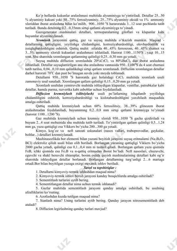 58…61 нrc ga yetadi. pо’lat yuzasini azot bilan boyitish pо’lat yuzasini azot bilan diffuzion tо’yintirishga azotlash deb ataladi. azot pо’lat tarkibidagi metallar bilan birikib, nitridlarni hosil qiladi. azotlash jarayoni 430…800 0s gacha gazsimon ammiak (nh3) muhitida olib boriladi. pо’latlar 430…600 0s da azotlansa ularning qattiqligi, ishqalanib yeyilishga chidamliligi va puxtaligi ortadi, 600…800 0s da azotlanganda esa faqat korroziyabardoshligi ortadi. asosan, tarkibida cr, mo, w, al, ti kabi nitrid hosil qiluvchi elementlari bо’lgan legirlangan pо’latlar azotlanadi. detallar azotlashdan oldin chang va moylardan tozalanib, germetik yashikka bir-biriga tegmaydigan qilib joylashtiriladi. sо’ng yashik qopqog’i yopiladi-da, pechga joylashtiriladi va asta-sekin ammiak muhitida zarur haroratgacha qizdiriladi. yuqori haroratda ammiak qisman parchalanib, faol azot atomlarini hosil qiladi: 2nh3=2nat+3h 2, nat→feα→ feα(n)→γ΄(fe4n)→ε(fe2-3n). temir sirtida azotlangan qatlam fe2-3 n (ε-faza) va fe4n (γ΄-faza) va (α-faza) dan iborat bо’ladi. azotlash 600 0s dan yuqorida о’tkazilsa nitrid qatlam va α-faza orasida azotlangan austenitdan iborat γ-faza hosil bо’ladi. sо’nggi yillarda tarkibi …