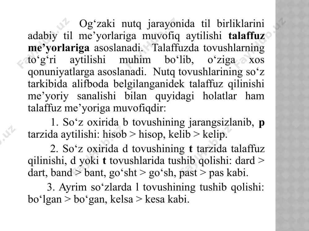 hi, aqidaparast, millatparvar, devonxona, bojxona, hissador, tadbirkor kabi. fan-texnikaning turli tarmoqlariga doir ilmiy asarlar, darsliklar ilmiy uslubda yoziladi. mantiqlilik, aniqlik bu uslubga xos xusu-siyatlardir. ilmiy uslub aniq ma’lumotlar asosida chiqarilgan ilmiy xulosalar (qoidalar, ta’riflar)ga boy bo`lishi bilan boshqa uslublardan farq qiladi: yomg`ir - suyuq tomchi holidagi atmosfera yog`ini. tomchining diametri 0,5-0,6 mm bo`ladi ilmiy uslubda har bir fanning o`ziga xos ilmiy atamalaridan foydalaniladi, bu uslubda so`zlar o`z ma’nosida qo`llanadi, qoida yoki ta’rifning mazmunini ochishga xizmat qiladigan ajratilgan bo`laklar, kirish so`zlar, kirish birikmalar, shuningdek, qo`shma gaplardan ko`proq foydalaniladi. rasmiy uslub hozirgi o‘zbek tilining davlat-ma’muriy, huquqiy muassasalarida, rasmiy diplomatik munosabatlarida namoyon bo‘ladigan ko‘rinishidir. qonun matnlari, farmonlar, farmoyishlar, buyruqlar, xullas barcha rasmiy ish qog‘ozlari ana shu uslubda shakllanadi. bu uslubning og‘zaki va yozma ko‘rinishlari, binobarin, ushbu ko‘rinishlarning o‘z me’yorlari mavjud. hujjatshunoslik davlatchilik bilan bog‘liq bo‘lib, uning ildizi qadimgi davrlarga borib taqaladi. har bir davlatning hujjatlari uning davlat tilida yoziladi. hujjatlarni to‘g‘ri va bexato …