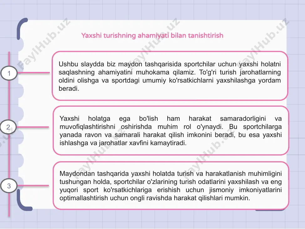 tekislash va barqarorlikni saqlash uchun zarurdir. asosiy mushaklarni kuchaytirish orqali odamlar o'zlarining holatini yaxshilashlari va ko'proq samaradorlik va qulaylik bilan harakat qilishlari mumkin. ushbu mashqlar umurtqa pog'onasi va tos suyagini qo'llab-quvvatlaydigan mushaklarga qaratilgan. asosiy mashqlarni muntazam fitnes dasturiga kiritish jarohatlarning oldini olishga va maydonda ham, undan tashqarida ham umumiy sport ko'rsatkichlarini yaxshilashga yordam beradi. maydondan tashqari harakatni yaxshilashda moslashuvchanlikning roli maydondagi holat va harakatni yaxshilash umumiy harakat shakllarini yaxshilashda moslashuvchanlikning ahamiyatini tushunishni o'z ichiga oladi. moslashuvchanlik shikastlanish xavfini kamaytiradigan harakat doirasini oshirishga imkon beradi. muntazam cho'zish mashqlarini maydondan tashqari mashg'ulot rejimiga kiritish orqali siz mushaklarning moslashuvchanligini va bo'g'imlarning harakatchanligini yaxshilashingiz mumkin. bu yaxshi hizalanish va holatga olib kelishi mumkin, natijada umumiy harakat sifatini oshiradi. kuch va moslashuvchanlik o'rtasidagi muvozanatni saqlash maydon tashqarisida harakatni optimallashtirish uchun kalit hisoblanadi. moslashuvchanlik tanangizga yanada samarali va samarali harakat qilish imkonini beradi, ish faoliyatini yaxshilaydi va jarohatlar ehtimolini kamaytiradi. 1 2 3 sportchilar uchun postural …