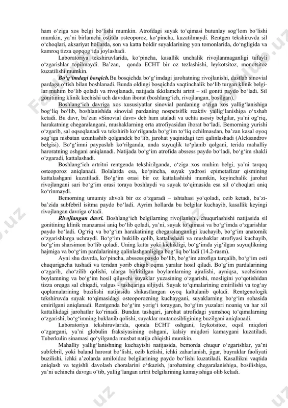 tishi ham mumkin, ya’ni jarohat bo‘g‘im oldi suyak to‘qimasidan boshlanmasdan, to‘g‘ridan-to‘g‘ri bo‘g‘im ichida, sinovial pardalarda boshlanishi mumkin. bo‘g‘im oldi bosqichi. ma’lumki bu bosqichda sil tayoqchalari qon orqali tarqalib, ko‘mikda o‘rnashib,rivojlanib, suyak to‘qimasiga o‘tadi va uni jarohatlaydi. jarohat sil kasal-ligining boshlanishi bo‘lib, chegaralangan, tezroq tuzalishga moyil bo‘ladi, deyarli xavf tug‘dirmaydi. buni o‘z vaqtida aniqlash ancha qiyin va muhim ahamiyatga ega. jarohat ko‘pincha taxminlar asosida aniqlanib, o‘zgarib turuvchi bilvosita umumiy va mahalliy noaniq klinik belgilarga ega. umumiy belgilar bu bosqichda unchalik muhim ahamiyatga ega bo‘lmaydi. infeksiyaning suyak ko‘migiga joylashganligi sababli, spetsifik o‘choqning paydo bo‘lishini aniqlashning iloji yo‘q. ta’kidlash lozimki, jarohat ko‘pincha yosh bolalarda kuzatilib, ro‘y bergan o‘zgarishlar, ya’ni injiqlik, uyquning buzilishi, bezovtalik, bolaning ozib ketishi, tana haroratining bir oz ko‘tarilishi, bolada suyak sili jarohati bor, degan fikrga olib kelmasligi mumkin. ba’zan esa tuberkulin sinamasiga musbat javob bo‘ladi, teriga toshmalar toshadi, limfa tugunlari kattalashadi. shuning uchun bunga chuqurroq ahamiyat berish kerak. chunki bu …