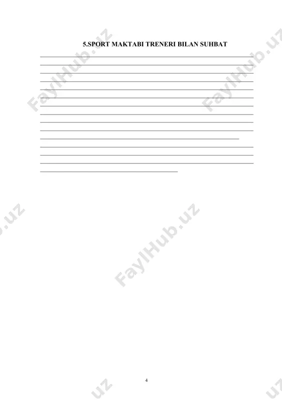 e’tibor qaratish bilan. 2. mashg‘ulotni kuzatish va tahlil qilish. 3. biriktirilgan o‘quv guruhining tayyorgarlik darajasini baholash. 4 . uslubiy seminarlarda ishtirok etish 4. o'quv mashg'ulotlari jadvali oylar kunlar va soatlar dushanba sheshanba chorshanba payshanba juma shanba aprel may o'quv mashg'ulotlari o'tkaziladigan joy jadval 2023-2024 o'quv yili uchun o'quv soatlarini taqsimlash o'quv mashg'ulotlarining mazmuni soat senyabr. oktyabr noyabr. dekabr. yan. fevral. mart. aprel. may. iyun. iyul. avgust. nazariy darslar: umumiy jismoniy tayyorgarlik maxsus jismoniy tarbiya texnik-taktik tayyorgarlik psixologik tayyorgarlik nazorat standartlarini o'tkazish musobaqalarda qatnashish qayta tiklanish ishlari hakam va o'qituvcilar amaliyoti oyi uchun akademik soatlarning taqsimlanishi o'quv mashg'ulotlarining mazmuni nazariya ujt mjt nvant psixologik.t tiklanuv. mashqlar “tasdiqlayman” uslubiyatchi o‘qituvchi: 5. konspekt trenerovka mashg’uloti № 1 sana: mashg’ulot mavzusi: vazifalari: 1. 2. 3. mashg’ulot o’tkaziladigan joy: _ kerakli anjomlar: mashgul ot mashg’ulot mazmuni me’yori tashkiliy – uslubiy ko’rsatmalar dars mazmuni me’yori tashkiliy – uslubiy ko’rsatmalar uslubiyatchi o’qituvchining bahosi va imzosi: “ ” …