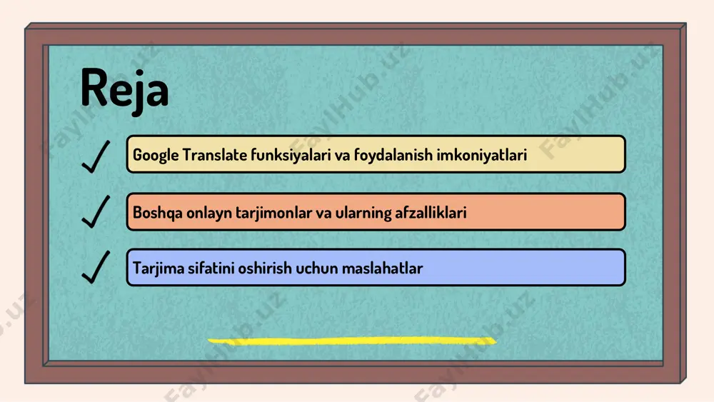 lari turli tillarda tarjima imkoniyatlari deepl dasturi aniq va tabiiy tarjima qiladi. u sun'iy intellektdan foydalanib, doimiy ravishda rivojlantiriladi. microsoft translator ko'p tilli qo'llab- quvvatlaydi, bu foydalanuvchilarga bir nechta tillarda muloqot qilish imkonini beradi. u mobil telefonlar va veb-brauzerlar uchun mavjud. mahalliylashtirish va foydalanuvchi tajribasi yandex translate mahalliylashtirishga e'tibor beradi, bu foydalanuvchilarga madaniyatga mos tarjimalar olish imkonini beradi. dastur foydalanuvchi so'rovlarini tahlil qiladi va natijalarni yaxshilaydi. boshqa dasturlar, masalan, itranslate va reverso, qulay interfeys va foydalanuvchiga yo'naltirilgan tajribasi bilan ajralib turadi. tarjima sifatini oshirish usullari tarjima sifatini oshirish uchun bir necha asosiy strategiyalar mavjud: 1. fikrlar va terminologiya mosligini ta'minlash: fikrlar va terminologiya bir- biriga mos kelishi zarur. bu, tarjima jarayonida aniq va to'g'ri ma'lumot berishga yordam beradi. 2. kontekstni hisobga olish: tarjima jarayonida matnning konteksti juda muhim. ushbu kontekstni tushunish, tarjima sifatini oshirishga yordam beradi. 3. o'zbekiston va xalqaro tajribalar misollari: o'zbekiston va boshqa mamlakatlar tajribalarini o'rganish, tarjima sifatini …