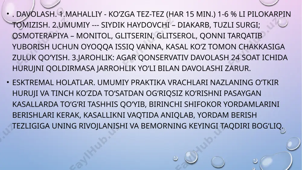 qariyalar keratoakantomasi yoki seboreya so‘gali. intermarginal va kiprik qirralari hamda pastki qovoq terisidan joy oladi. so‘galsimon toshmalarning klinik ko‘rinishi sariq rangli, ko‘tarilib turadigan noto‘g‘ri shaklga ega bo'ladi. odatda o‘sma harakatlanuvchan, uning tagligi esa atrofdagi sog‘lom to‘qimalardan yaxshi ajralib turadi. ba’zi hollarda o‘sma juda kattalashib ketishi va oyoqchasiga osilib qolishi mumkin. 0 ‘sma asta-sekin o ‘sadi. . nevuslar. bu melanotsitlarning to'planib qolishidan paydo bo‘ladi. hamma yoshdagi kishilarda uchraydi, homiladorlik davrida va keksalik yillarida nevuslar ko‘payishi mumkin. nevuslar kamdankam xavfli turga o4ishi mumkin, lekin ular ko4pincha xavfsiz melanomalar rivojlanishiga olib keladi. nevuslaming klinik ko‘rinishi har xil bomishi mumkin. ular yassi, so‘galsimon, gumbazsimon, papillam atoz, polipoid va sochli ko‘rinishlarga ega b o ‘ladi. nevuslaming omchamlari har xil va rangdorligi quyidagicha: qatlamqatlam qora rangdan och jigar ranggacha va hatto pigmentsiz bo‘lib, diametri bir necha millimetrdan boshlab, kattagina hajmgacha bo‘lishi mumkin. qovoqning xavfli o‘smalari bularga qovoq terisi raki. tarzal y o g ‘ bezlarining adenokartsinomasi, …