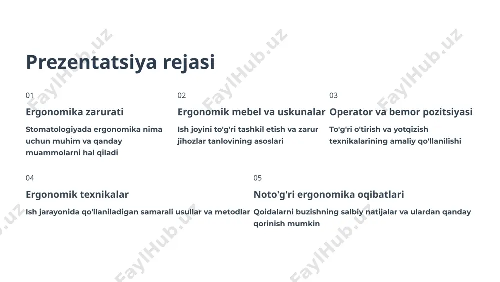 tabiiy egri chiziqlar bo'yin va belning tabiiy lordoz egriligini saqlab qolish muhim. bu holat umurtqa pog'onasiga minimal yuklanish ta'minlaydi va mushaklarni tabiiy holatda ushlab turadi. optimal masofa ish maydonini 35-40 sm masofada ko'z bilan kuzatish tavsiya etiladi. bu ko'zning zo'riqishini kamaytiradi va boshni ortiqcha egishni oldini oladi. egilishdan saqlanish noto'g'ri egilish va burilish harakatlari mushaklarda charchoq, og'riq va yallig'lanish jarayonlarini keltirib chiqaradi. to'g'ri o'tirish pozitsiyasi bosh pozitsiyasi quloqlar yelka ustida tekis holatda, ko'zlar 0° dan 20° gacha pastga qarab turishi kerak yelka va qo'llar yelkalar tekis va bo'shashgan, tirsaklar 0°-15° ko'tarilgan holatda bo'lishi maqsadga muvofiq oyoqlar joylashuvi oyoqlar polga to'liq tegib, tizzalar 90° burchakda egilgan holat ergonomik talablarga javob beradi 2-bob ergonomik mebellar va uskunalar zamonaviy stomatologiya kabinetidagi ergonomik mebellar va uskunalar shifokorning qulaylik va samaradorligini ta'minlashda muhim rol o'ynaydi. to'g'ri tanlangan mebel uzoq muddatli kasbiy faoliyat uchun zarurdir. ergonomik stulning ahamiyati belni qo'llab-quvvatlash orqa tayanch belning tabiiy egri chizig'ini …