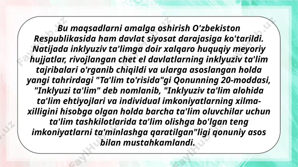 hi, 18 ta kar va zaif eshituvchi va 50 ta aqli zaif bolalar uchun ixtisoslashtirilgan hamda 22 ta sanatoriy shaklidagi ta’lim muassasalari faoliyat yuritib kelmoqda. ushbu muassasalar tomonidan 8668 nafar nogiron bolalarga uyda yakka tartibda ta’lim beriladi. directory add your title here part 01 add your title here part 02 add your title here part 03 add your title here part 04 o‘zbekistonda 86 ta alohida ta’limga ehtiyoji bo‘lgan bolalarga ta’lim berish muassasalari faoliyat yuritib, ularda 28 ming 159 nafar o‘quvchi ta’lim va tarbiya oladi. 7 business please enter text here.please enter text here.please enter text here.please enter text here please enter text here.please enter text here.please enter text here.please enter text here please enter text here.please enter text here.please enter text here.please enter text here please enter text here.please enter text here.please enter text here.please enter text here please enter text here.please enter text here.please enter text here.please enter …