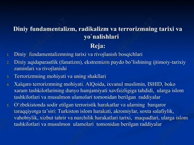 diniy fundamentalizm, radikalizm va terrorizmning tarixi va yo`nalishlari — PPT