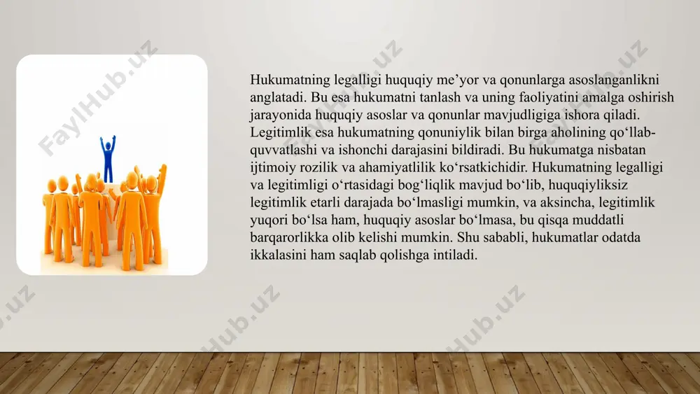 o‘liq rioya qilmasa, unda jamiyatda huquqiy tartibsizliklar va adolatsizliklar yuzaga kelishi mumkin. shuning uchun, siyosiy hokimiyatning muvaffaqiyatli bo‘lishi uchun bu ikkala elementning uyg‘unligi muhim ahamiyatga ega. foydalanilgan adabiyotlar: 1. нажимов м.к., джаббаров а.ж. фуқаролик жамиятини шакллантириш жараёнида ижтимоий шерикликнинг ташкилий-ҳуқуқий асосларини мустаҳкамлаш масалалари. –т.: тдюи, 2013. 2. одилқориев х. конституция ва фуқаролик жамияти. – тошкент: шарқ, 2002. 3. панарин а.с. глобальное политическое прогнозирование. – м.: статут, 2008. 4. проблемы теории государства и права / под ред. в.с. нерсесянца. – м., 2009. 5. ролз дж. теория справедливости. новосибирск, 1995.. руссо ж.ж. об общественном договоре. трактаты / пер. с фр. - м.: “канон-пресс”, “кучково поле”, 1998. . e‘tiboringiz uchun rahmat! image2.jpg image3.jpg image4.jpg image5.jpg image6.jpg image7.jpg image8.jpg image9.jpeg image1.jpg /docprops/thumbnail.jpeg