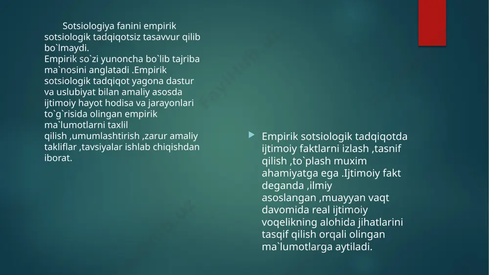 bundan tashqari, javob berishdan bosh tortirsh holiari ko’p uchraydi, ayniqsa, anketalar pochta orqali yuborilganda. so’rov o’tkazish sharoitlari va natijalarini izohlashda qo’llaniladigan til ko’pincha javob berayotgan real tirik shaxslardan juda uzoqdir. savollar pochta orqali yuborilganda so’raluvchi kishini tasavvur xam etish mushkul. hujjatlarni o’rganish metodini o’tkazish, texnikai qo’yidagicha bo’ladi: 2. belgilarni, tushunchalarni aniqlash va analiz qilish. 3. bu ko’rsatkichlarni tekst bilan o’zaro nisbatini aniqlash. 4. ko’rsatkichlar uyicha miqdoriy analiz qilish. kontekst (nutq yoki asarning tugallangan parchasi) ni sharxlab xulosalash. tadqiqot metodologiyasida tadqiqot bilan bog’liq muammolarni o’rganishda vujudga keladigan eng muhim muammolardan biri – sabab va oqibatlar taxlilidir. ikki xodisa yoki xolatning sababli bog’lanishi – bu shunday bog’lanishki, unda bir hodisa yoki xolat boshqa birini keltirib chiqaradi. misol uchun tog’ yon bag’rida turgan avtomobilning qo’l tormozi qo’yib yuborilishi ko’rsatilgan oqibatni keltirib chiqaradi. xuddi tabiiy fanlar kabi, sotsiologiya ham barcha hodisalar o’z sabablariga ega, degan taxmindan kelib chiqadi. sotsiologik tadqiqotning asosiy vazifalaridan biri sabab …