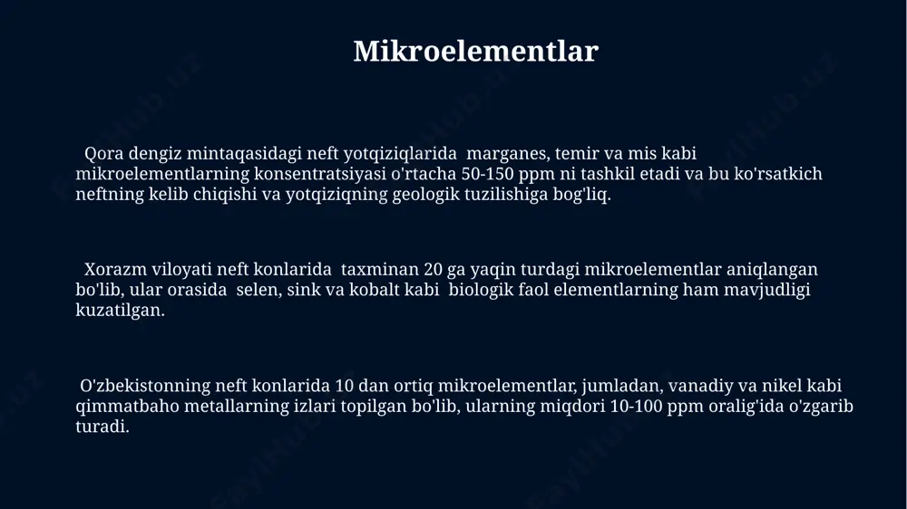 onning g'arbiy viloyatlaridagi neft konlarida topilgan alifatik uglevodorodlar son jihatdan aromatik uglevodorodlardan ko'p bo'lib, ularning molekulyar massalari odatda c5 dan c20 gacha oralig'ida o'zgaradi. neftning tarkibida 85% gacha uglerod, 10-15% vodorod, shuningdek, kislorod, oltingugurt va azot kabi elementlar, 0.1% dan kam miqdorda esa metallar (masalan, vanadiy va nikel) mavjud bo'lib, ularning miqdori neft konining geografik joylashuviga bog'liq (masalan, qora dengiz mintaqasi). asfalt-smolalar markaziy osiyo, jumladan o'zbekiston hududlaridagi neft konlaridan olinadigan neft tarkibidagi asfalt-smolalar miqdori 5 dan 15% gacha bo'lib, ularning kimyoviy tarkibi va xossalari konning geologik tuzilishiga bog'liq holda farqlanadi. aspalt-smolalar tarkibida 10-20% gacha to'yingan va to'yinmagan uglevodorodlar bo'lib, ularning molekulyar massasi 500 dan 2000 gacha o'zgarib turadi va bu ko'rsatkichlar o'zbekistonning neft konlarida qazib olinadigan neft xom ashyosining tarkibiy xususiyatlariga bog'liq. aspalt-smolalar tarkibiga kiruvchi qatronlarning qovushqoqligi haroratga bog'liq bo'lib, 20°s da ularning yopishqoqligi 10-100 pa·s oralig'ida o'zgarib turadi. bu esa asfaltos materiallarining qo'llanilish sohasini belgilaydi, masalan, yo'l qoplamalari uchun. …