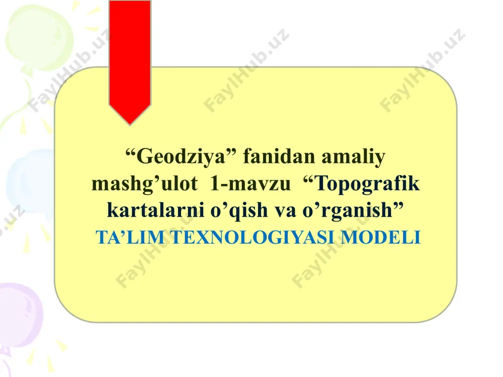 r bilan birgalikda topografik kartalar va uning vazifalari mavzusida klaster tuziladi. 2.4. o’qtuvchi va talabalar tamonidan mavzu rejalariga hulosalar qilinadi. talabalarga kerakli ma’lumotlarni daftarlariga yozib olishlari eslatiladi. o’qiydilar tinglaydilar, topshiriq va vazifalarni daftarga yozib oladilar, savollar beradilar 3 bosqich yakuniy bosqich 10 daqiqa 3. tezkor savol javob o’tkaziladi. 3.1. mavzu bo’yicha umumiy hulosalar qilidi. mavzuning kasbiy faoliyatidagi ahamiyati va o’rniga talabalar e’tiborini qaratadi. 3.2. talabalarga mustaqil ish uchun topshiriqlar beriladi. talabalar javob beradilar tinglaydilar toshiriqni yozib oladilar 1. topografik kartalarni o’rganish режа: 2. тopografik kartalarda shartli belgilarni o’rganish butun yеr sirtining va uning katta qismlarining sathiy sirt egriligini hisobga olib tеkislikda umumlashtirib kichraytirilgan tasviri k a r t a dеyiladi. kartalarning masshtabi 1:1000000 dan mayda - sharxli va 1:1000000 dan yirik - topografik turlarga bo`linadi. masshtablari 1:1000000, 1:500000, 1:300000, 1:200000 bo`lgan kartalar sharxli – topografik kartalar deyiladi. yirik masshtabli kartalar bo`yicha tuziladi. yirik mashtabli kartalar esa topografik kartalar deyiladi. 1:100000, …