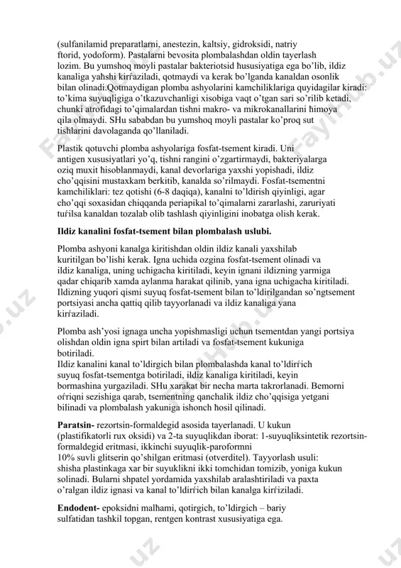 . bu yumshoq moyli pastalar bakteriotsid ћususiyatiga ega bo’lib, ildiz kanaliga yaћshi kirѓaziladi, qotmaydi va kerak bo’lganda kanaldan osonlik bilan olinadi.qotmaydigan plomba ashyolarini kamchiliklariga quyidagilar kiradi: to’kima suyuqligiga o’tkazuvchanligi xisobiga vaqt o’tgan sari so’rilib ketadi, chunki atrofidagi to’qimalardan tishni makro- va mikrokanallarini ћimoya qila olmaydi. shu sababdan bu yumshoq moyli pastalar ko’proq sut tishlarini davolaganda qo’llaniladi. plastik qotuvchi plomba ashyolariga fosfat-tsement kiradi. uni antigen xususiyatlari yo’q, tishni rangini o’zgartirmaydi, bakteriyalarga oziq muxit ћisoblanmaydi, kanal devorlariga yaxshi yopishadi, ildiz cho’qqisini mustaxkam berkitib, kanalda so’rilmaydi. fosfat-tsementni kamchiliklari: tez qotishi (6-8 daqiqa), kanalni to’ldirish qiyinligi, agar cho’qqi soxasidan chiqqanda periapikal to’qimalarni zararlashi, zaruriyati tuѓilsa kanaldan tozalab olib tashlash qiyinligini inobatga olish kerak. ildiz kanalini fosfat-tsement bilan plombalash uslubi. plomba ashyoni kanalga kiritishdan oldin ildiz kanali yaxshilab kuritilgan bo’lishi kerak. igna uchida ozgina fosfat-tsement olinadi va ildiz kanaliga, uning uchigacha kiritiladi, keyin ignani ildizning yarmiga qadar chiqarib xamda aylanma ћarakat qilinib, yana igna uchigacha …