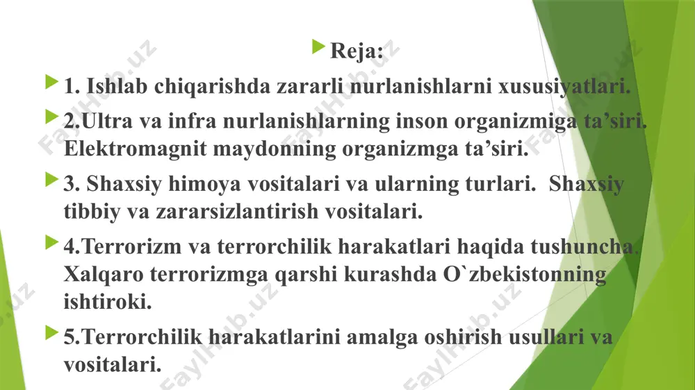 nurlаnish hisоblаnаdi. uning tа’siri mаrkаziy аsаb sistеmаsidа, qоndа, qоn hоsil qilish оrgаnlаridа, qоn tоmirlаrdа vа bоshqа jоylаrdа kоmplеks оg’ir o’zgаrishlаrgа оlib kеlаdigаn nurlаnish kаsаlliklаrigа оlib kеlishi mumkin. bu kаsаllikning хаrаktyerli bеlgilаri оrgаnizmdаgi ezilgаn hоlаt, bоsh аylаnishi, ko’ngil аynishi, umumiy kuchsizlik vа bоshqаlаr hisоblаnаdi. o‘zbekiston respublikasining mehnat haqidagi qonunchilik asoslariga binoan, korxona ma’muriyati ishchi va xizmatchilarni bepul shaxsiy himoya vositalari bilan ta’minlashi, ularni saqlash, yuvish, quritish, dezinfektsiyalash va ta’mirlashishlarini bajarishi kerak. barcha himoya vositalari ishlatilishiga qarab jamoa himoya vositalariga va shaxsiy himoya vositalariga bo‘linadi. agar ishning xavfsizligini, mashinalarning konstruktsiyasi, ishlab chiqarish jarayonini tashkil qilish, arxitektura-rejalashtirish yechimlari va jamoa himoya vositalarini qo‘llash bilan ta’minlashning iloji bo‘lmagan taqdirda shaxsiy himoya vositalari qo‘llaniladi. himoya vositalari texnik, estetika, ergonomika talablariga javob berishi, himoya samaradorligi yuqori bo‘lishi, ishlatilishda qulay bo‘lishi kerak. ular texnologik jarayonda bajarilayotgan ish turiga mos kelishi kerak. shu ish uchun mo‘ljallangan va qabul qilingan tartibda tasdiqlangan texnik hujjatlari bo‘lmagan shaxsiy himoya vositalarini qo‘llash …