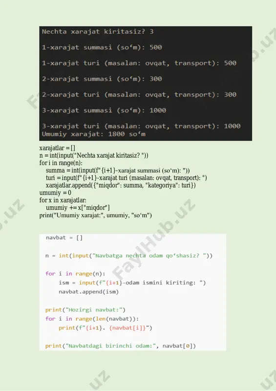 i kiriting: ") navbat.append(ism) print("hozirgi navbat:") for i in range(len(navbat)): print(f"{i+1}. {navbat[i]}") print("navbatdagi birinchi odam:", navbat[0]) 1. asosiy savollar: 1. ma'lumotlar tuzilmasi nima va u nima uchun kerak? o javob: ma’lumotlar tuzilmasi — bu ma’lumotlarni saqlash va ularga ishlov berish uchun tuzilgan struktura. ularning samarali saqlanishi va ishlov berilishida muhim ahamiyatga ega. 2. ma’lumotlar tuzilmalari turlari haqida gapirib bering. o javob: ma’lumotlar tuzilmalari turlari quyidagilarga bo‘linadi:  linеar tuzilmalar: ro‘yxatlar (lists), to‘plamlar (sets), to‘g‘ri tartiblangan ro‘yxatlar (queues, stacks)  hierarxik tuzilmalar: daraxtlar (trees)  graf tuzilmalar  lug‘atlar (dictionaries) va boshqalar. 3. list va set ma'lumotlar tuzilmasining farqlarini tushuntiring. o javob:  list: tartibga solingan, takrorlanadigan elementlar ro‘yxati.  set: takrorlanmaydigan elementlar to‘plami. 4. queue (navbat) tuzilmasi qanday ishlaydi? bir misol keltiring. o javob: queue (navbat) — bu fifo (first in, first out) prinsipiga asoslangan tuzilma. masalan, bankda yoki shifoxonada navbatni tashkil qilishda ishlatiladi. 5. dictionary (lug‘at) ma’lumotlar tuzilmasi nima …
