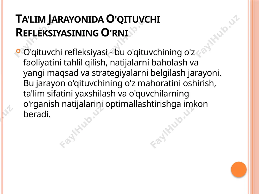 jriba almashinuvi, o'zaro fikr-mulohaza, muammolarni birgalikda hal qilish. ta'lim jarayonida refleksiv yondashuvni amaliyotga joriy etishning afzalliklari o'rganish samaradorligi o'qituvchining o'z faoliyatini doimiy ravishda tahlil qilishi, o'quvchilarning ehtiyojlariga moslashishi, o'quv jarayonini optimallashtirishi. o'quvchilarning rivojlanishi o'quvchilarning o'rganish jarayoniga faol ishtirok etishi, o'z fikrlarini bildirishi, o'zlarini baholashi, o'z-o'zini boshqarish. o'qituvchining o'sishi o'qituvchining professional mahoratini oshirishi, yangi texnologiyalarni o'zlashtirishi, o'quv jarayonini takomillashtirishi. o'qituvchi refleksiyasini rivojlantirishga yo'naltirilgan metodlar 1 o'quv tadbirlari refleksiya usullarini o'rganish, o'z-o'zini baholash, o'quvchilarning fikr-mulohazalarini tahlil qilish bo'yicha mashg'ulotlar. 2 metodlarni takomillashtirish o'qituvchilarga o'z darslarini yozib olish, tahlil qilish, o'zaro fikr-mulohaza, o'z tajribasini yaxshilash bo'yicha tavsiyalar berish. 3 hamkorlik va qo'llab-quvvatlash o'qituvchilarning o'zaro tajriba almashinuvi, muammolarni birgalikda hal qilish, o'zaro qo'llab-quvvatlash, o'quv jarayonini yaxshilashga yordam berish. refleksiv faoliyatni faollashtirish vositalari va usullari kundalik o'qituvchi o'z darslari, muvaffaqiyatlari, qiyinchiliklari, o'zgartirishga bo'lgan istagi va rejalarini yozib boradi. portfolioning to'planishi o'qituvchi o'z faoliyatini aks ettiruvchi materiallarni to'playdi: dars rejalari, taqdimotlar, o'quvchilarning ishlari. muhokama va fikr …