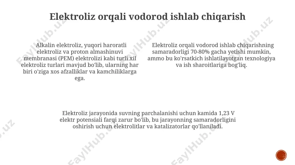 a tashish texnologiyalariga 10 million dollar miqdorida investitsiyalarni jalb qilish, xavfsizlik standartlarini takomillashtirish muhim ahamiyatga ega. vodorod energetikasi bozorining tahlili elektroliz usuli bilan vodorod ishlab chiqarishning narxi 2025-yilga borib, kilogrammiga 2-3 aqsh dollarigacha tushib, raqobatbardosh bo'lishi taxmin qilinmoqda. hozirgi kunda global miqyosda vodorod ishlab chiqarishning 95% dan ortig'i tabiiy gazdan olinmoqda, lekin yashil vodorod texnologiyalarining rivojlanishi bu ko'rsatkichni o'zgartirishi mumkin. vodorod energetikasi bozorining 2023-yilgi hajmi 250 milliard aqsh dollariga yetdi va 2030-yilga kelib 1 trln aqsh dollaridan oshib ketishi kutilmoqda, bu esa yuqori o'sish sur'atlarini ko'rsatadi. vodorod texnologiyalarining kelajagi quyosh energiyasi va shamol energiyasi kabi qayta tiklanuvchi manbalardan foydalangan holda vodorod ishlab chiqarish texnologiyalari samaradorligi 2025 yilga kelib 50% ga oshadi, bu esa narxni sezilarli darajada pasaytiradi. vodorod ishlab chiqarishning kelajagi 2030 yilga kelib global bozor hajmini 100 milliard dollardan oshirishi va 10% ga yaqin global energiya ehtiyojini qondirishi kutilmoqda. elektroliz usuli bilan vodorod ishlab chiqarishda ishlatiladigan suvning tozaligiga qo'yiladigan …