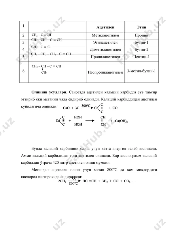 ва номенклатураси. ацетилен углеводородларида структура изомерияси с4н6 дан бошланади. ацетилен углеводородлари изомерларининг сони этилен углеводородлариникига нисбатан кам, тўйинган углеводородларникига нисбатан эса кўп. масалан, углеродлари сони 8 га тенг бўлган тўйинган углеводородлар изомерларининг сони 18 га, этилен углеводородлариниг сони 66 га, ацетилен углеводородлари изомерлари сони эса 32 га тенг. бунинг сабаби ацетилен углеводородларида структура изомерияси мавжуд ва уларда учбоғнинг жойлашувига нисбатан ҳам изомерлар ҳосил бўлади. шунинг учун улар изомерларининг сони тенг углерод сақловчи тўйинган углеводородларникига нисбатан кўп. аммо уларда фазовий изомерия мавжуд эмас. ацетилен углеводородлари асосан рационал ва систематик номенклатуралар асосида номланади. систематик номенклатура бўйича номлашда уларнинг номи ацетилен углеводородларига мос келадиган (яъни углерод атомларининг сони тенг бўлган) тўйинган углеводород иони охиридаги –ан қўшимчаси –ин қўшимчаси билан алмаштирилади. учбоғ ва радикалларнинг ҳолати рақамлар билан кўрсатилади. № ацетилен углеводородининг тузилиши рациональ номенклатура бўйича номи систематик номенклатура бўйича номи 1. ацетилен этин 2. метилацетилен пропин 3. этилацетилен бутин-1 4. диметилацетилен бутин-2 5. пропилацетилен …