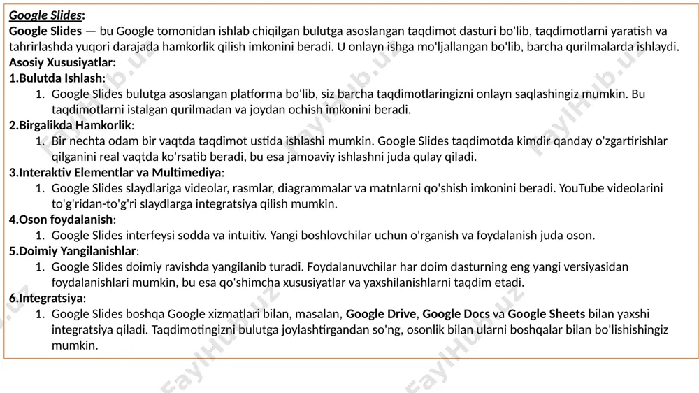 a videolar, rasmlar, diagrammalar va matnlarni qo'shish imkonini beradi. youtube videolarini to'g'ridan-to'g'ri slaydlarga integratsiya qilish mumkin. oson foydalanish: google slides interfeysi sodda va intuitiv. yangi boshlovchilar uchun o'rganish va foydalanish juda oson. doimiy yangilanishlar: google slides doimiy ravishda yangilanib turadi. foydalanuvchilar har doim dasturning eng yangi versiyasidan foydalanishlari mumkin, bu esa qo'shimcha xususiyatlar va yaxshilanishlarni taqdim etadi. integratsiya: google slides boshqa google xizmatlari bilan, masalan, google drive, google docs va google sheets bilan yaxshi integratsiya qiladi. taqdimotingizni bulutga joylashtirgandan so'ng, osonlik bilan ularni boshqalar bilan bo'lishishingiz mumkin. pc-003 (p0) - 👍 prezi prezi ning asosiy xususiyatlari harakat va zanjirlar: prezi taqdimotlari doimiy harakatda bo'ladi, bu esa slaydlar orasida o'zaro o'tish o'rniga bir butun "kartina" (canvas) ustida ishlash imkoniyatini beradi. prezi’da taqdimotni foydalanuvchi dastlabki nuqtadan keyingi ko'rinishga o'tkazish uchun xuddi bir "yo'l" yoki "yo'nalish" bo'yicha boshqaradi. taqdimot slaydlar o'rniga bir nechta mintaqalar (keng qamrovli kontent) orqali ketadi. interaktivlik: prezi taqdimotlari interaktiv …